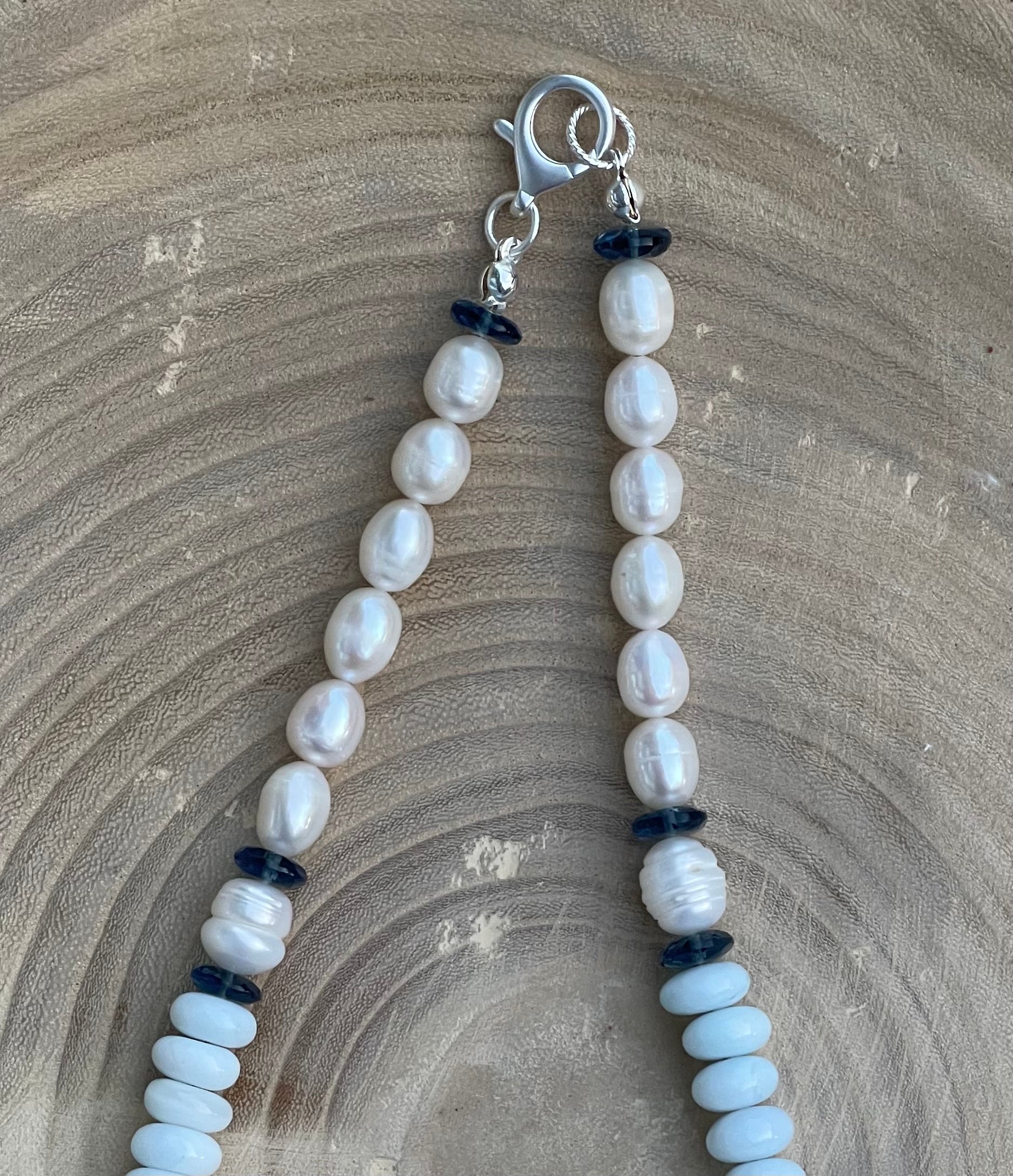 Coastal Charm Necklace OOAK: Pale blue opals AAA quality pearls London blue topaz Brushed silver clasp