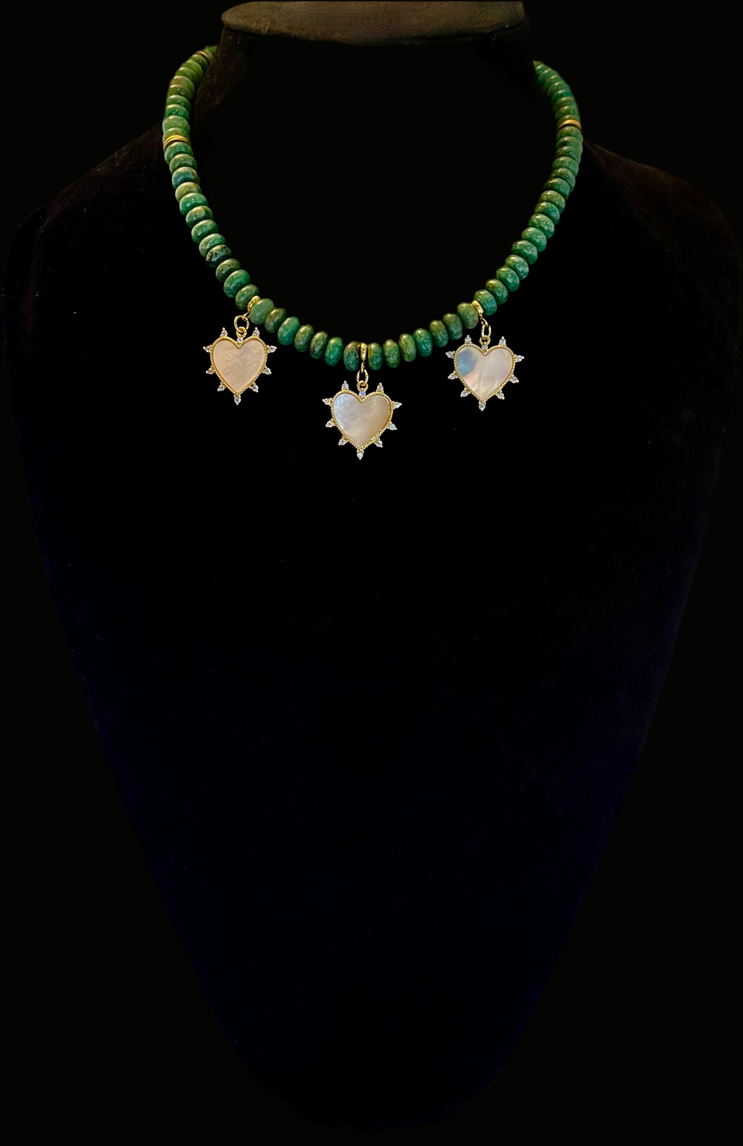 Hearts Trio Necklace: Handmade African Jade with Mother of Pearl Heart Pendants OOAK