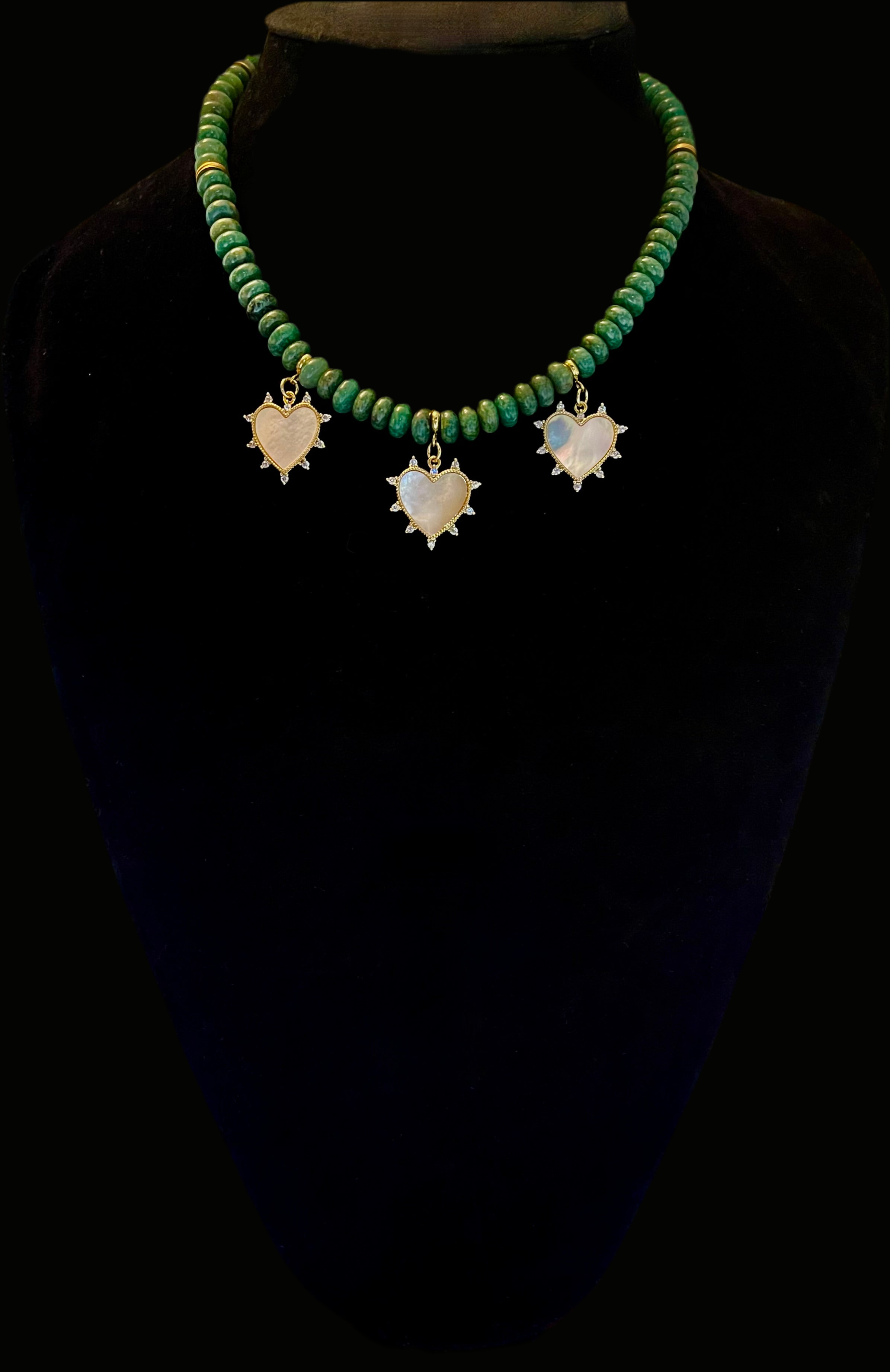 Hearts Trio Necklace: Handmade African Jade with Mother of Pearl Heart Pendants OOAK