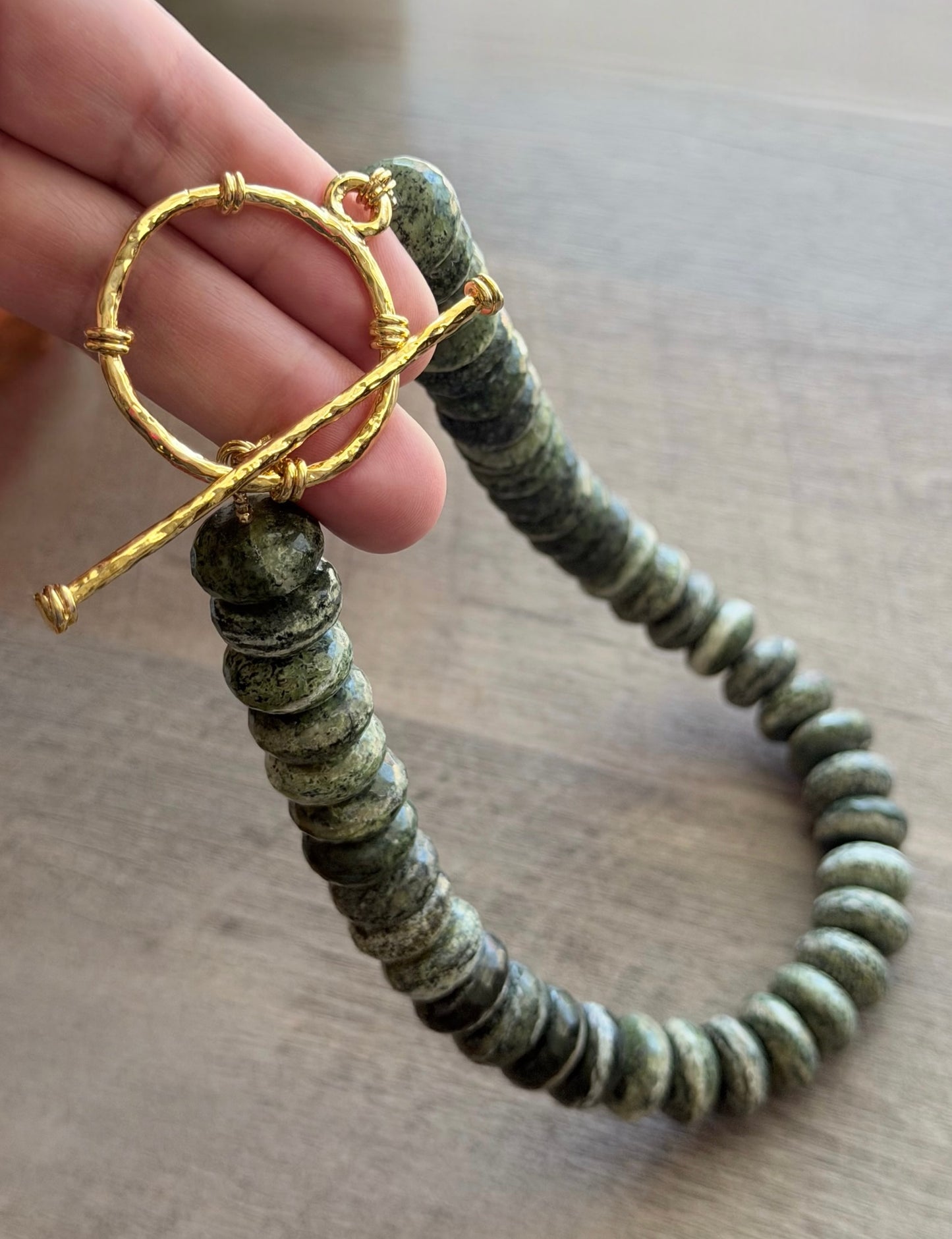 Brazilian Silver Leaf Serpentine Necklace: Stunning green gemstone beads•Oversized gold toggle clasp•OOAK