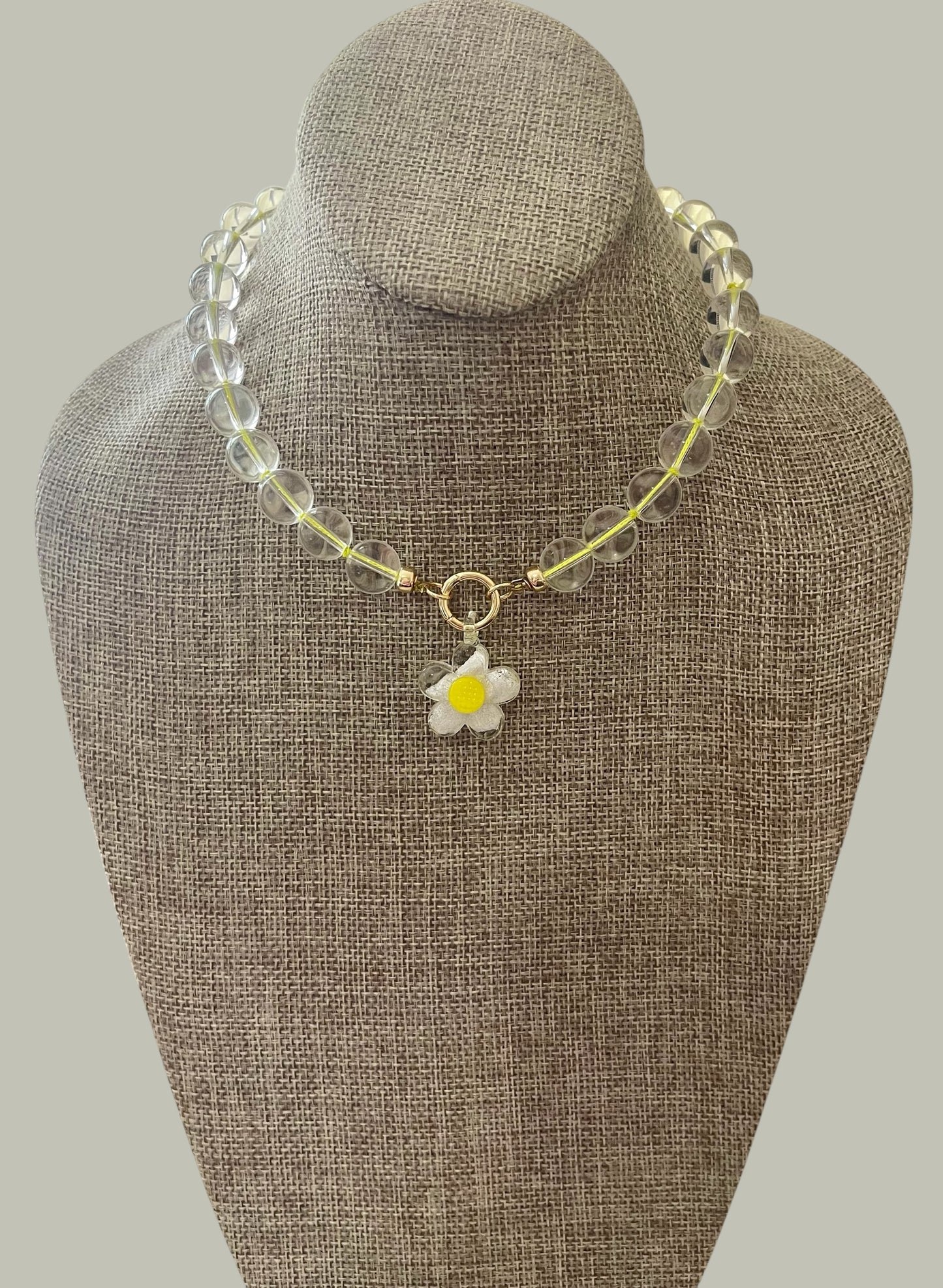 Bright Bubble Necklace: Clear Glass Bubble Beads Handknotted on Neon Yellow Silk Thread Gold Circle Clasp Handmade Glass Daisy Pendants 2 Bead Options: 8mm or 10mm
