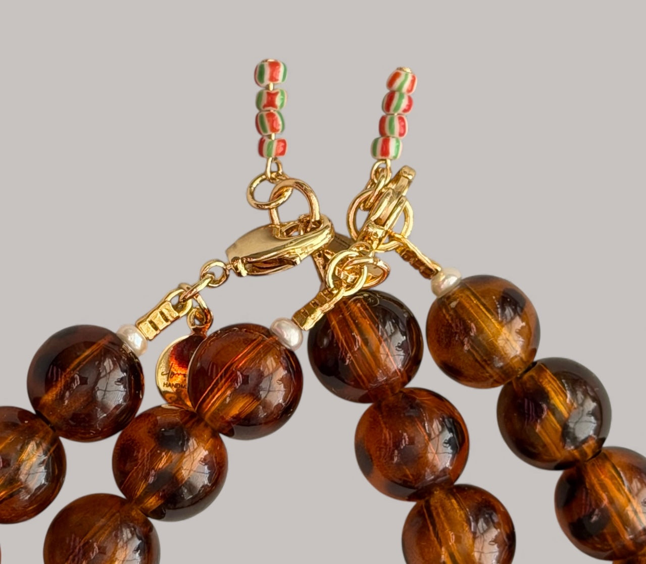 Tortoiseshell Holiday Collar: Resin beads with a natural Baroque Pearl and red glass beads Limited Edition