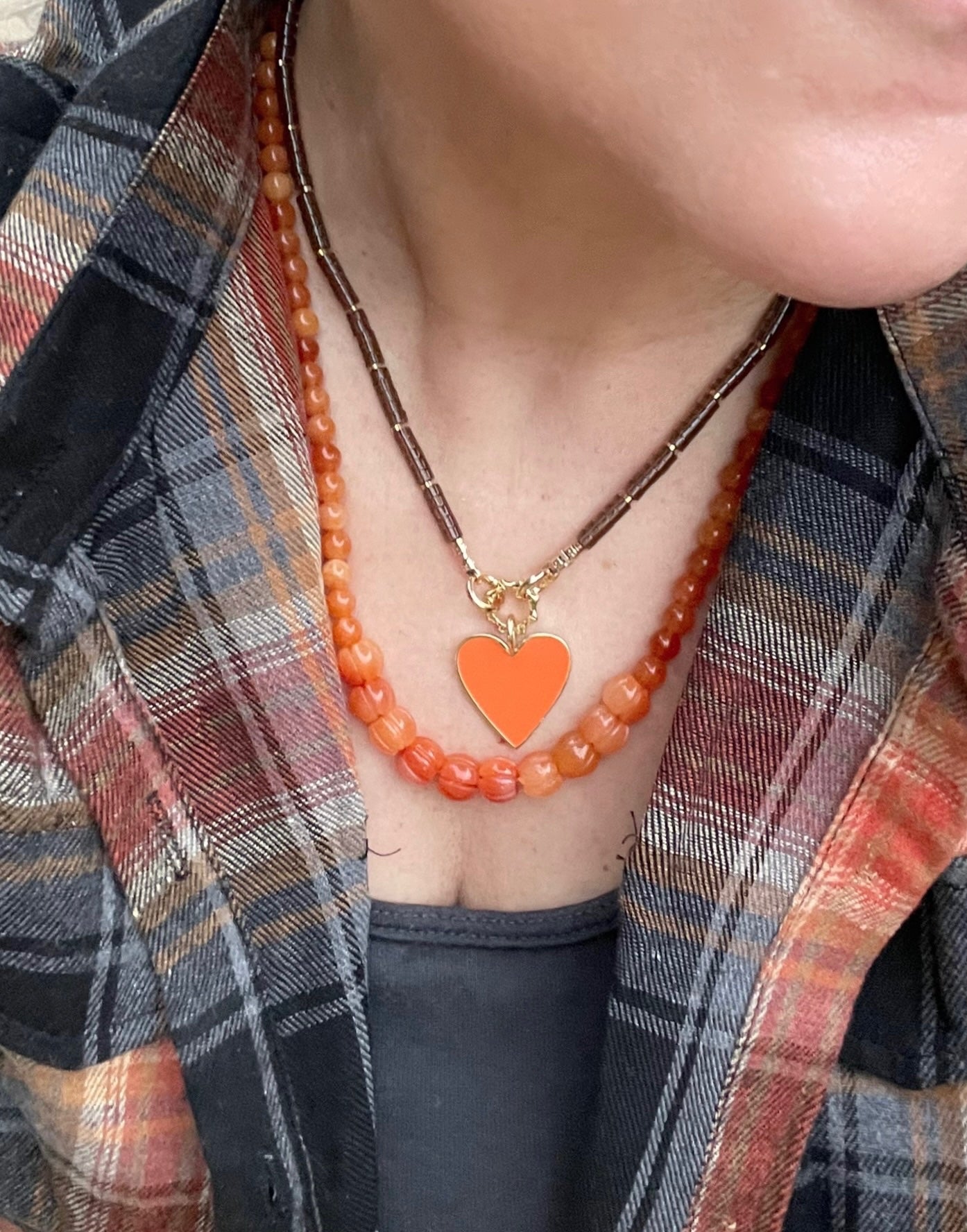 Orange Heart Necklace: Smokey Quartz Heishi Cut Beads w Gold Accents and Orange Enameled Heart Charm