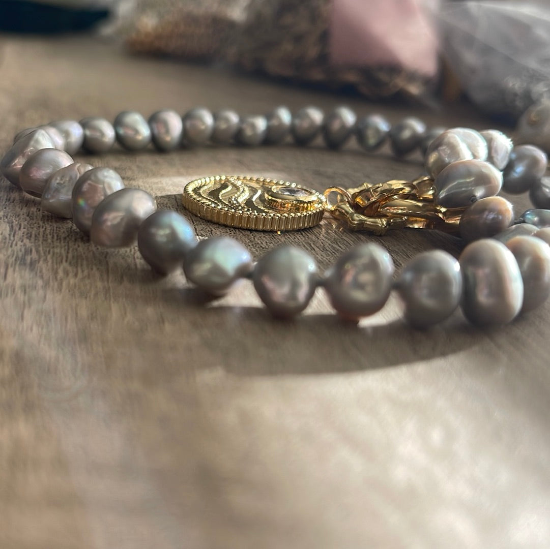 Sunny Day On The Ocean Necklace: One of a Kind Silver Gray Pearls Hand Knotted with Gold Filled Clasp and Charm