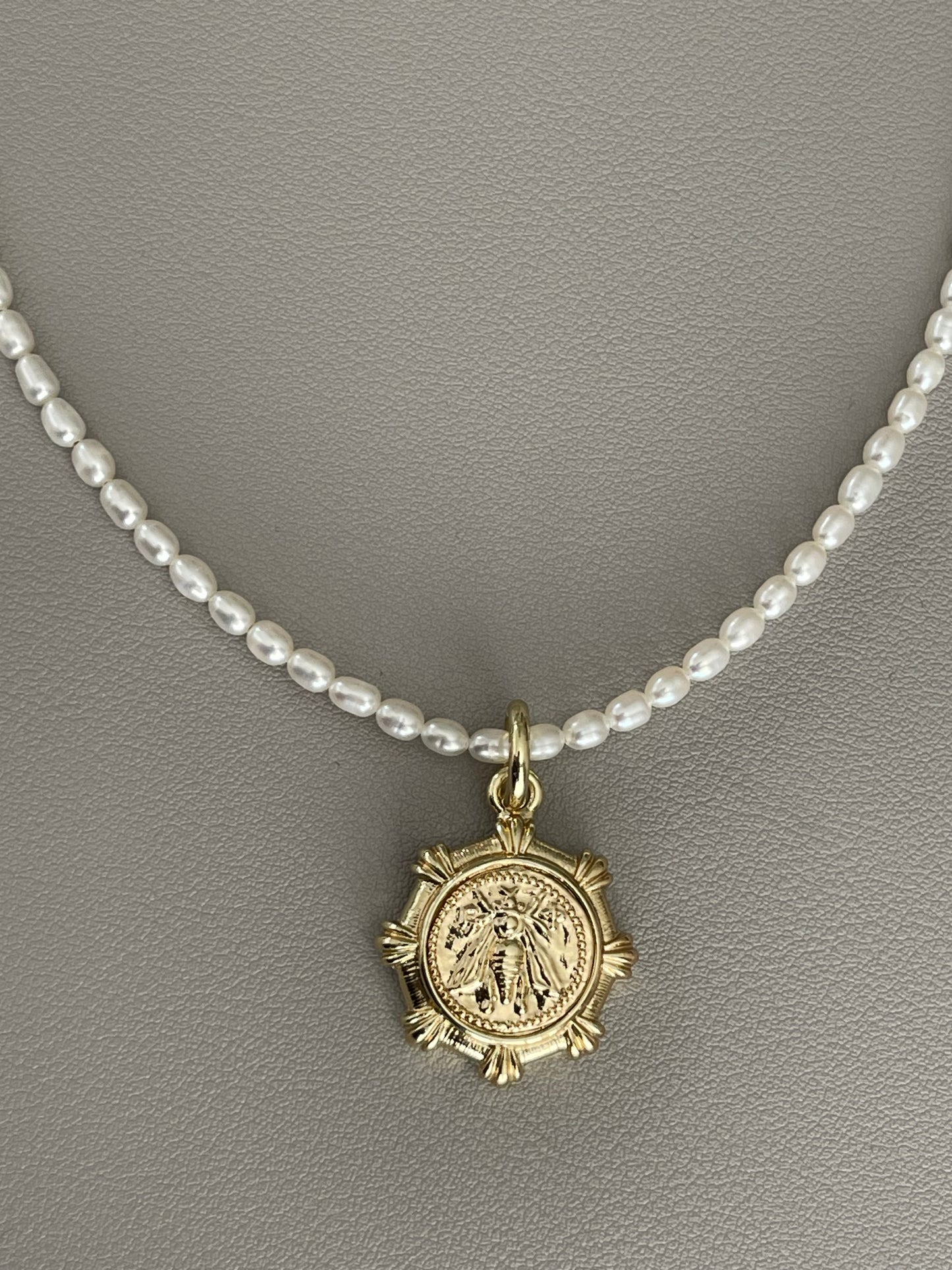 Bee Happy Necklace: Freshwater Pearls and a gold French bee coin replica pendant