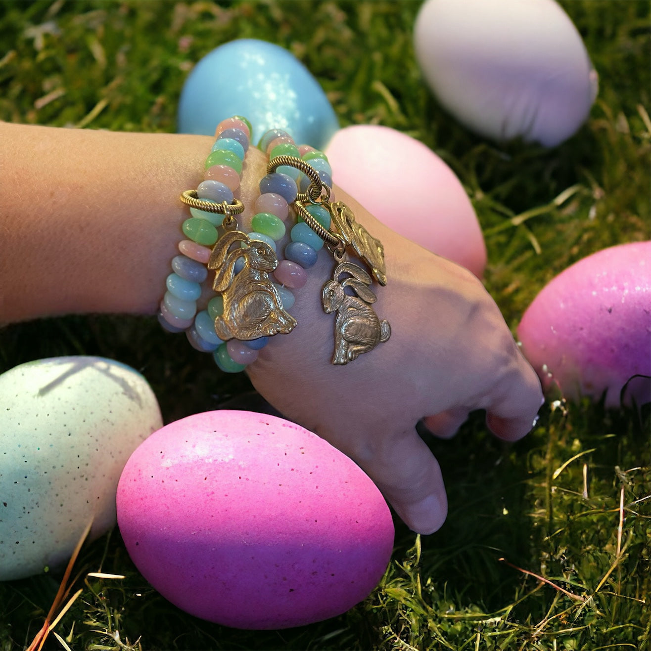 Easter Candy Opal Bracelet w Solid Brass Bunny Charm