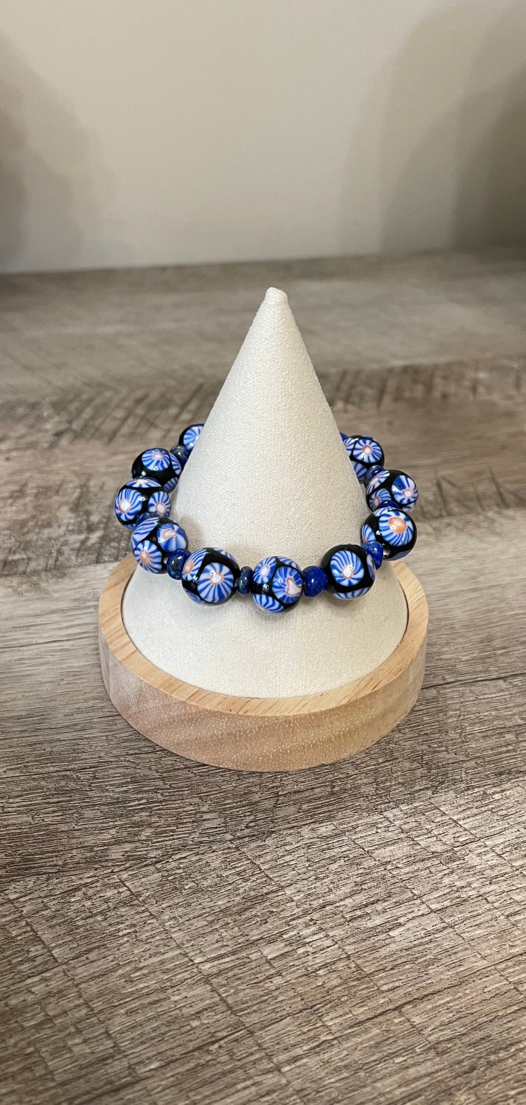 Midnight Bloom Bracelet: Hand patterned Millifiori Javanese Glass beads on Stretch elastic cord, Lapis Lazuli spacer beads OOAK