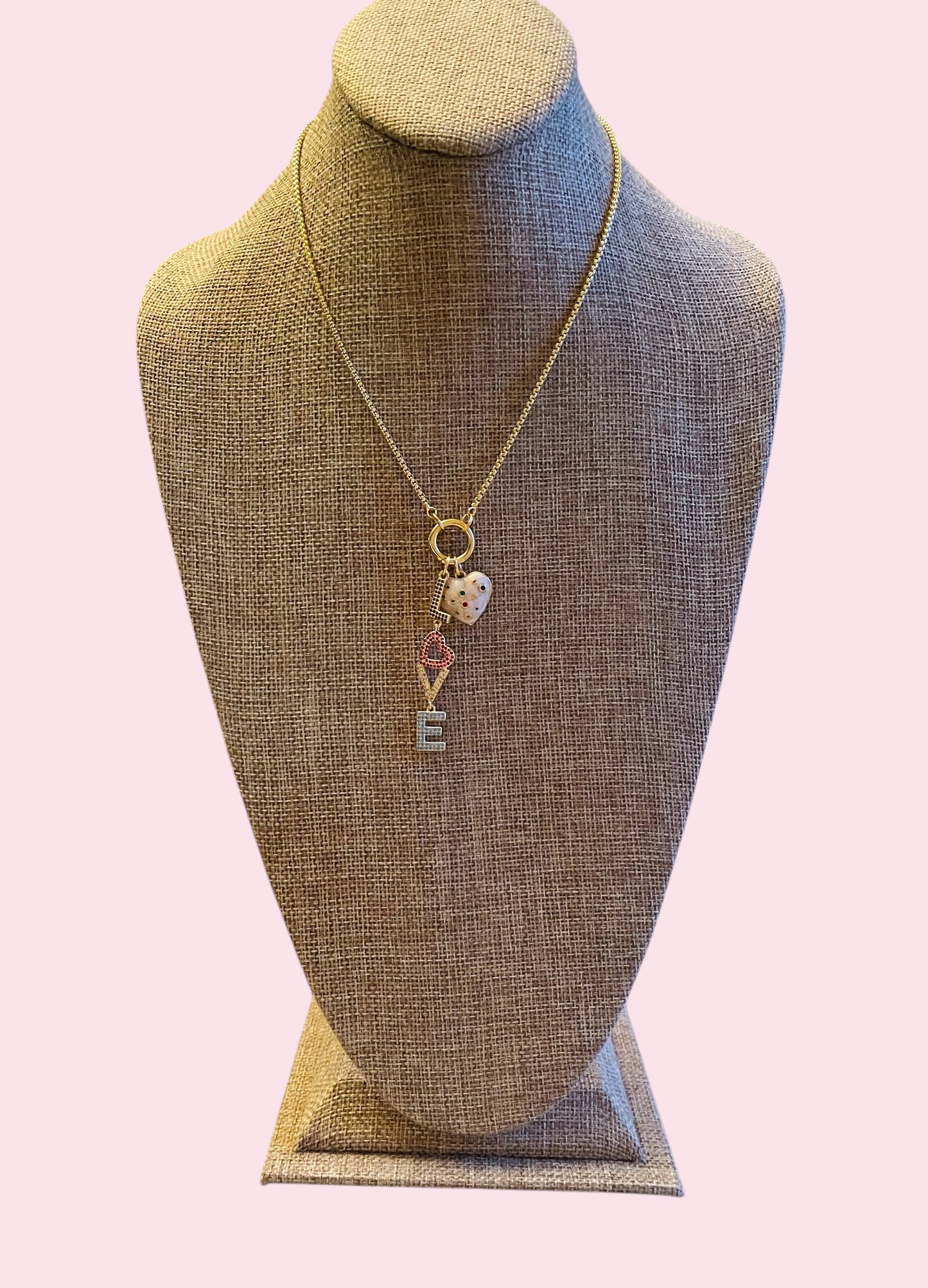 Loving Color Necklace: Thin gold cable chain w/ circle clasp/charm holder Adorable jeweled heart and love charms OOAK