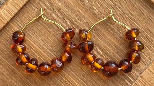 Amber Glow Earrings: Gold or Silver hoops with Baltic Amber Stones