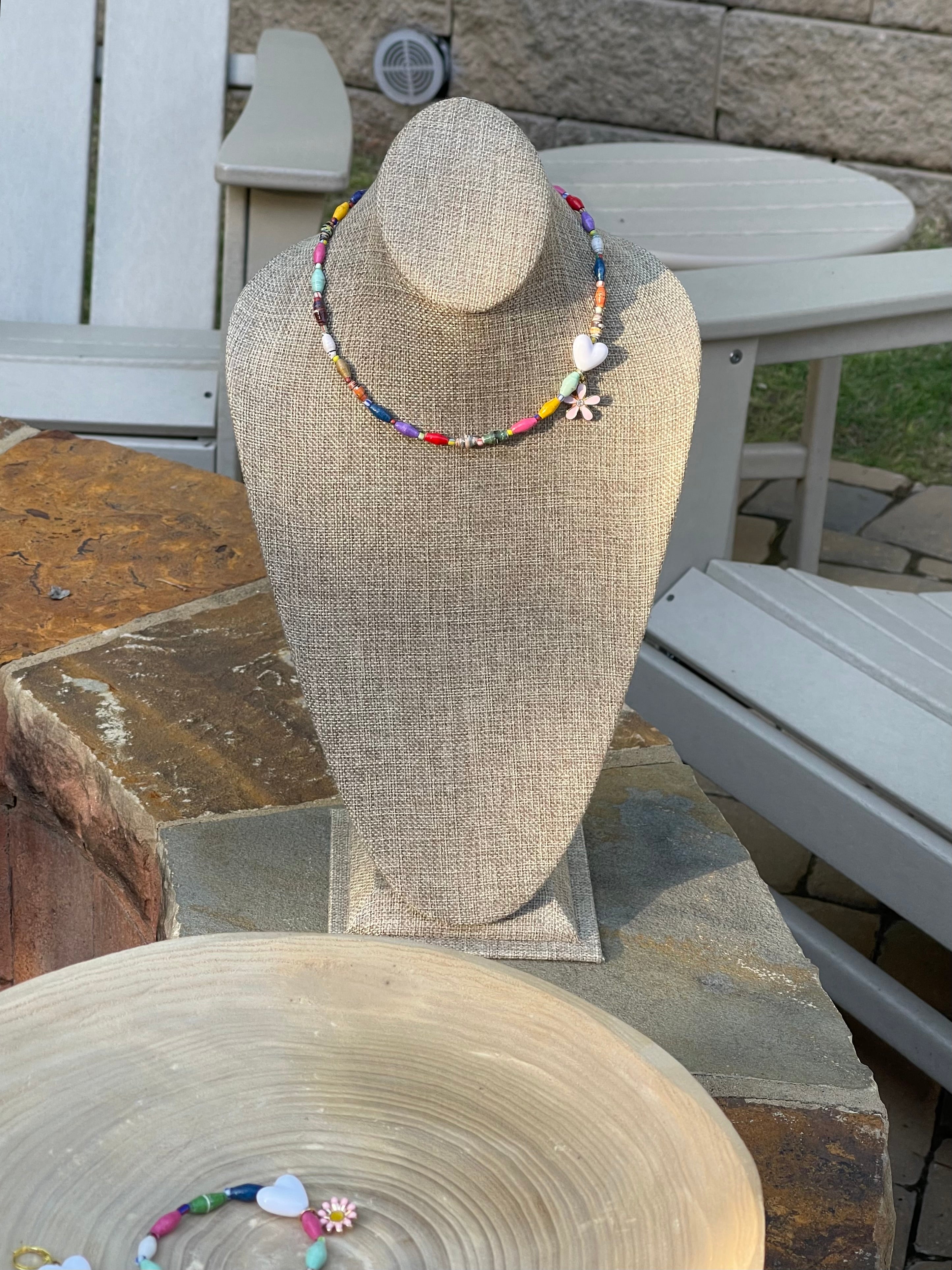 Kindred Colors Necklace: Unique beads handmade in Uganda from recycled paper, glass & acrylic accent beads and a brass flower charm