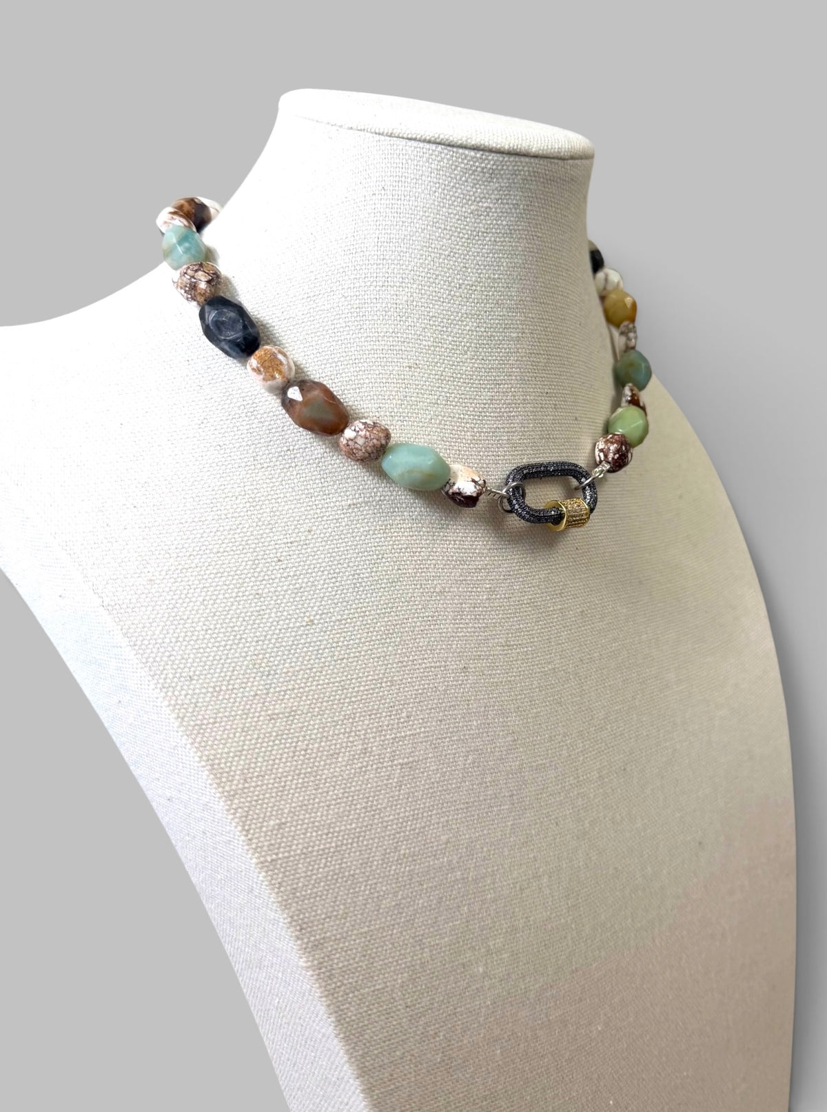 Wild Terrain Necklace: Faceted Amazonite, Wild Buffalo Turquoise Pavé clasp OOAK
