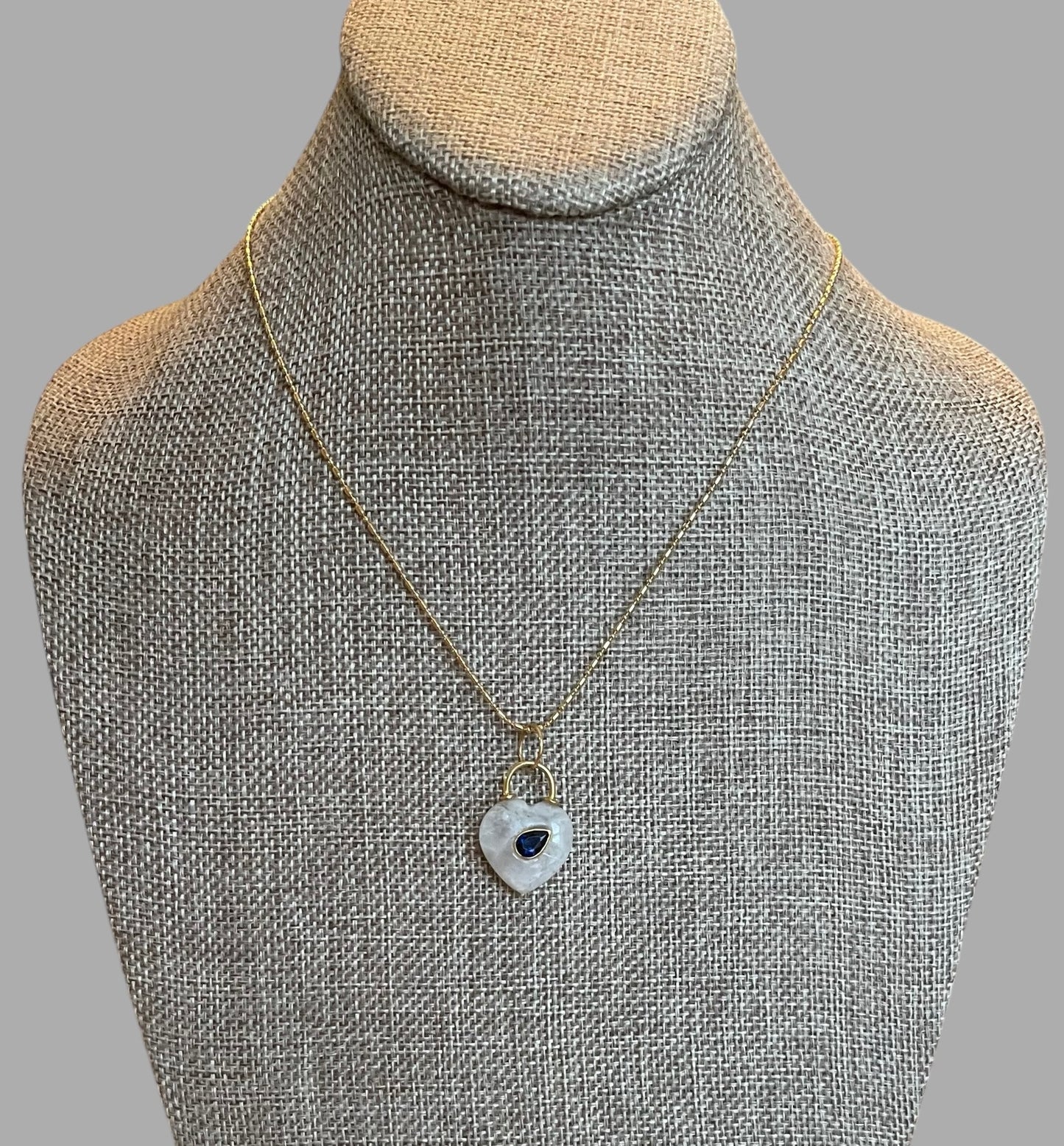 Moonlit Glow Necklace: Natural Moonstone Carved Heart Pendant w Blue CZ inset Gold Vermeil Chain OOAK