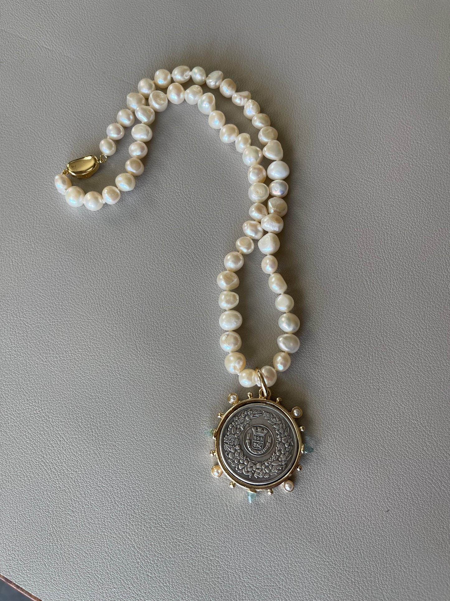 Bonjour Necklace: Hand Knotted Freshwater Pearls w/ a Gold Bean Clasp & French Vintage Coin Pendant All Gold Filled