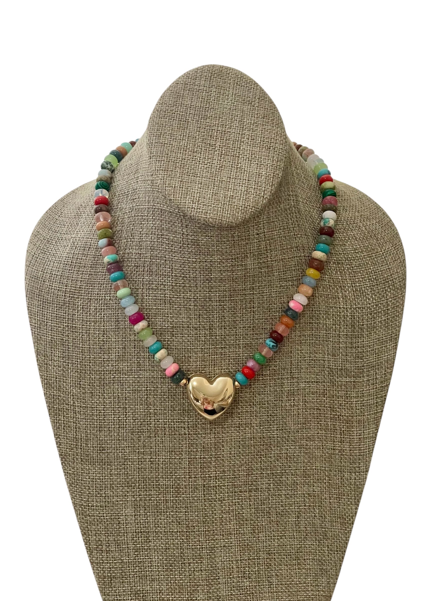 Charming Charlie Necklace: Mixed multi Gemstones providing vibrant colors and versatility Jumbo Gold Heart centerpiece Gold clasp w/ extender OOAK