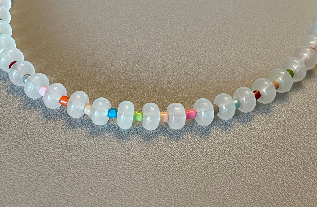 The Poppy Necklace: All glass colorful beads with a gold filled clasp and extender chain