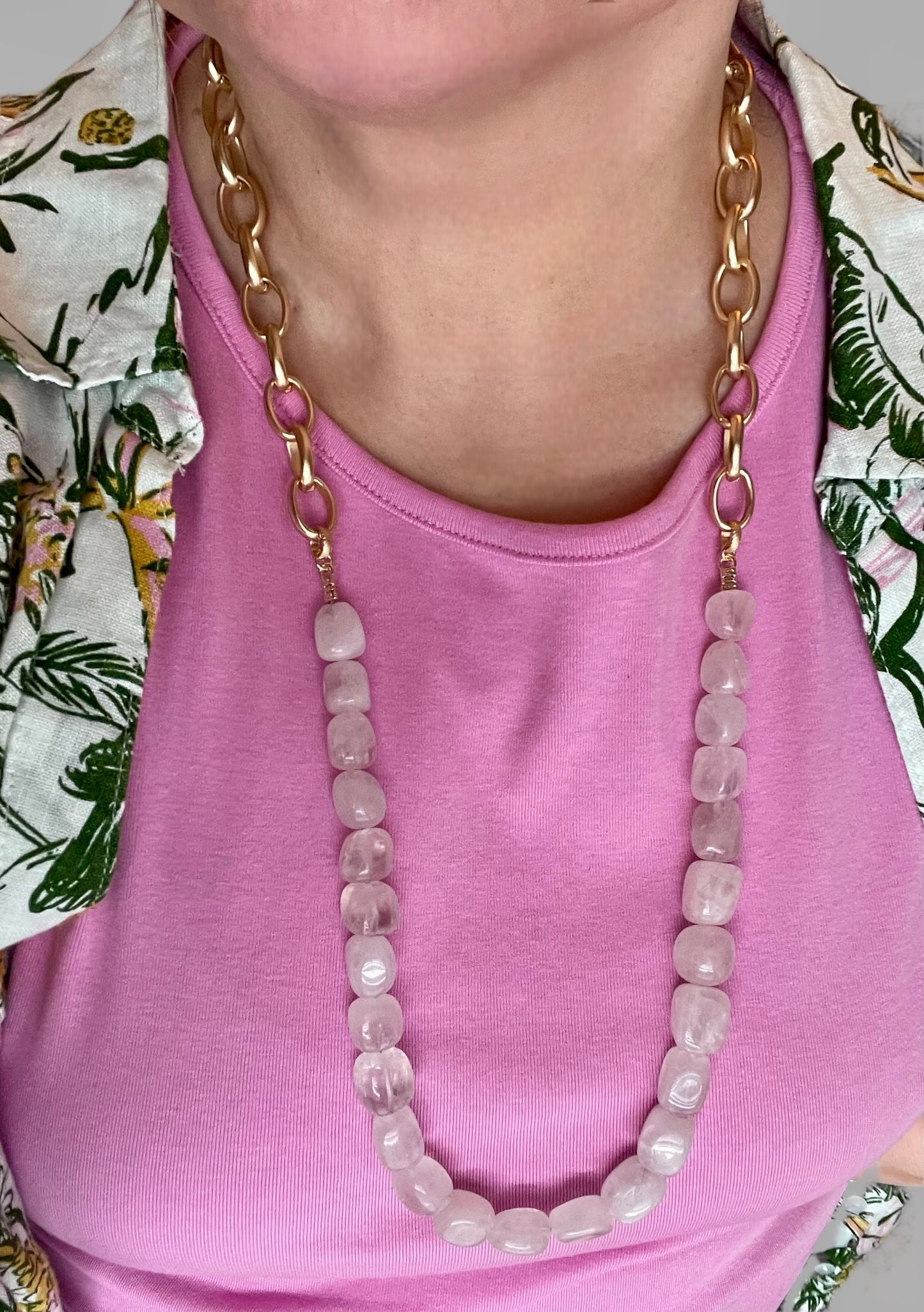 The Six Way Necklace: Rose Quartz and Brushed Gold Chain Duo with Greek Three Graces Replica Coin Pendant