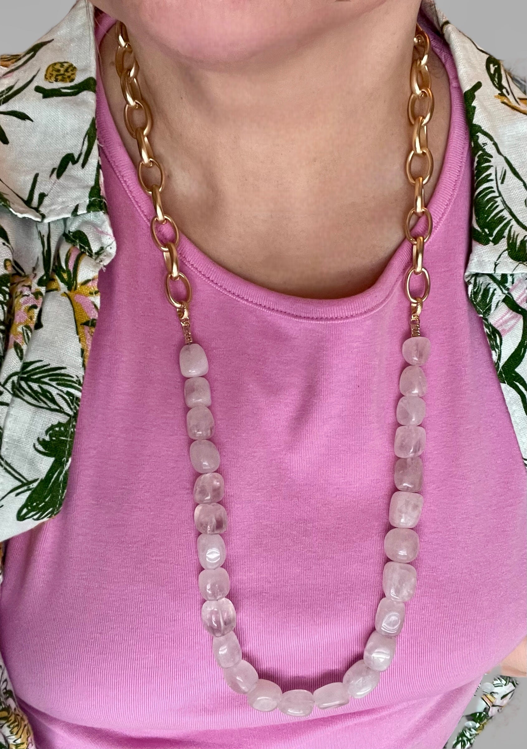 The Six Way Necklace: Rose Quartz and Brushed Gold Chain Duo with Greek Three Graces Replica Coin Pendant