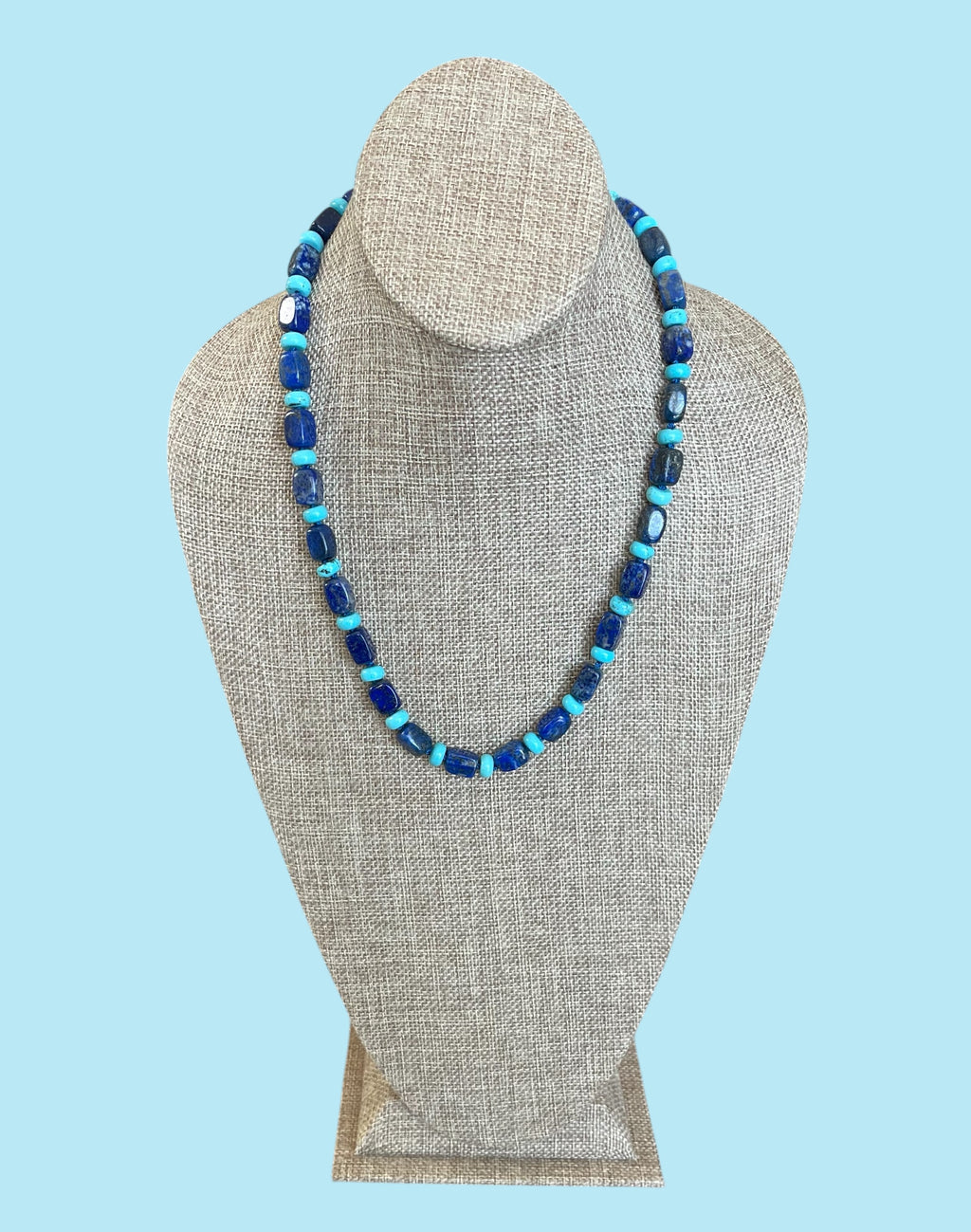 The Catherine Necklace: Gorgeous Lapis Lazuli barrel shaped beads hand knotted on silk w Turquoise accent beads Silver clasp