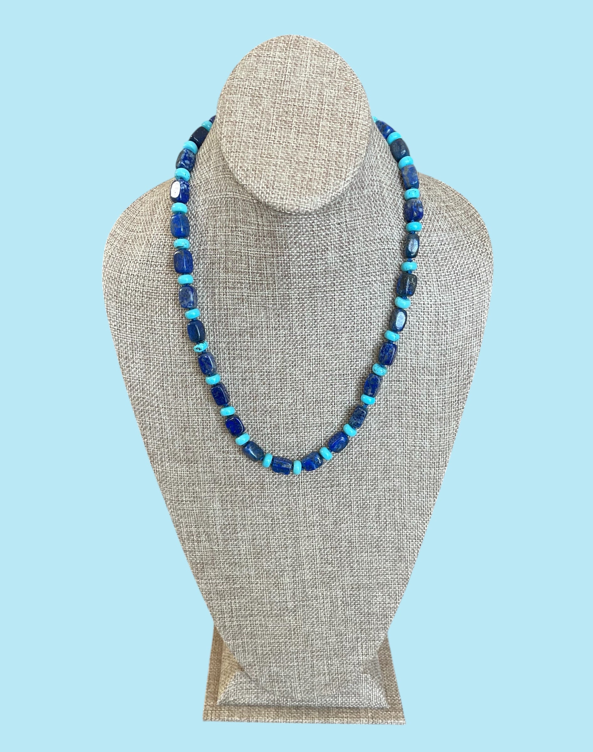 The Catherine Necklace: Gorgeous Lapis Lazuli barrel shaped beads hand knotted on silk w Turquoise accent beads Silver clasp