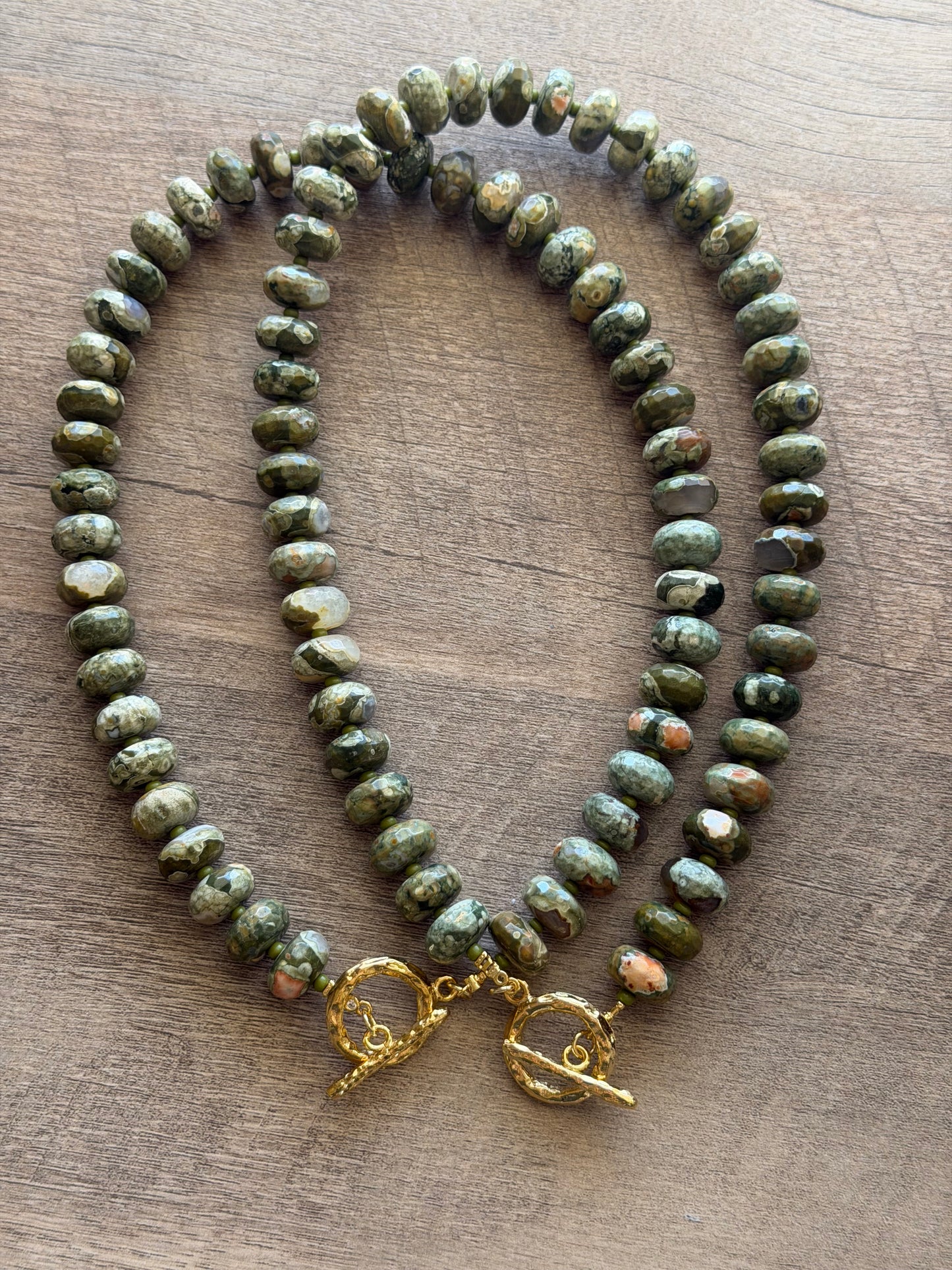 Queensland Rhyolite aka Australian Rainforest Jasper Necklace: Stunning Gemstone beads•Textured gold toggle clasp