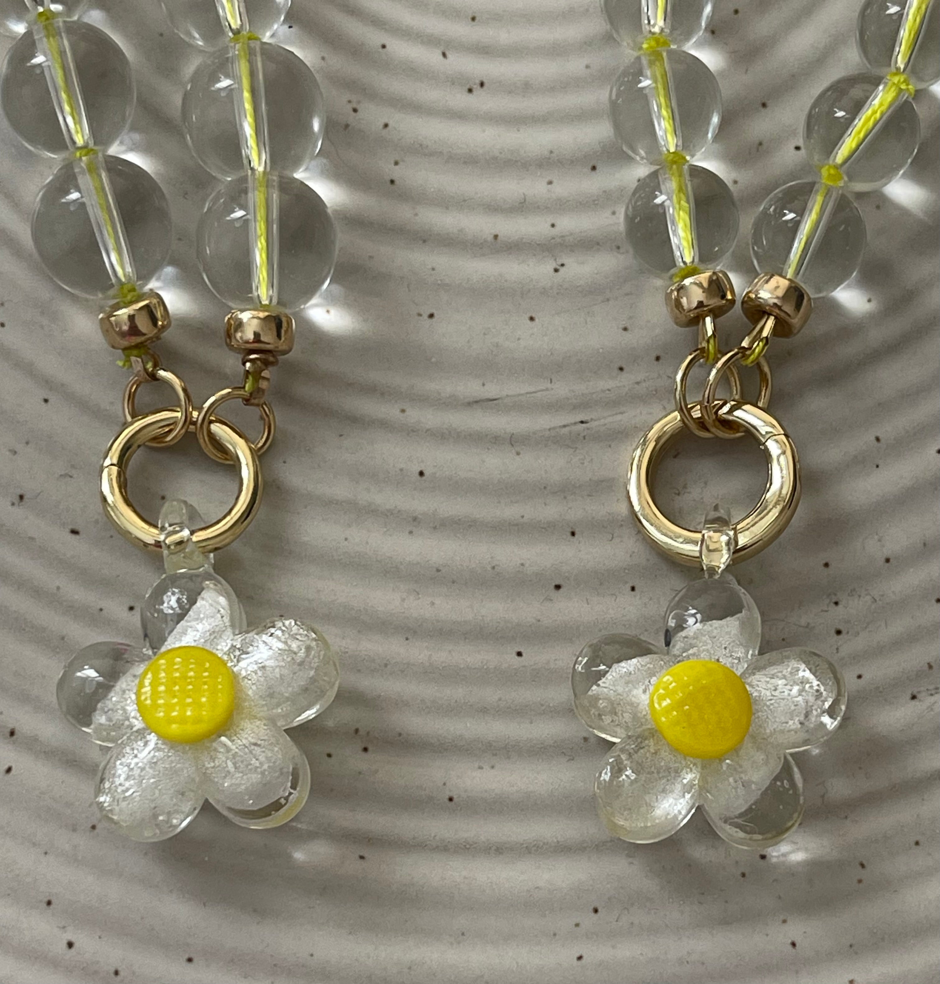 Bright Bubble Necklace: Clear Glass Bubble Beads Handknotted on Neon Yellow Silk Thread Gold Circle Clasp Handmade Glass Daisy Pendants 2 Bead Options: 8mm or 10mm