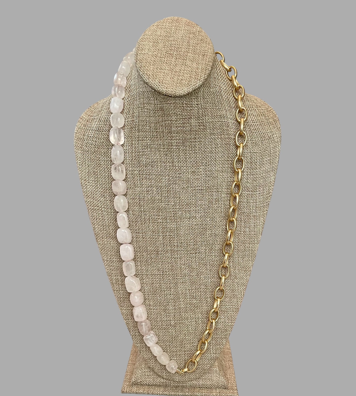 The Six Way Necklace: Rose Quartz and Brushed Gold Chain Duo with Greek Three Graces Replica Coin Pendant