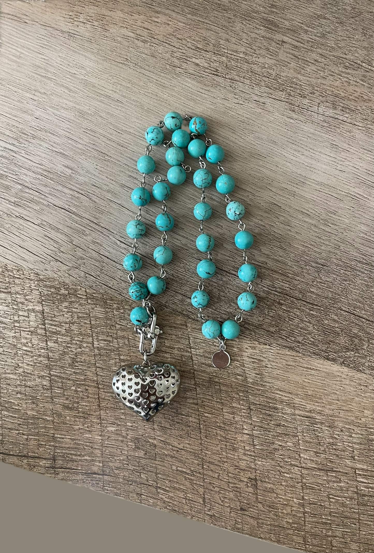 Turquoise Heartbeat Necklace: Bead-n-Link chain with Silver Trigger clasp and Heart pendant 8mm beads