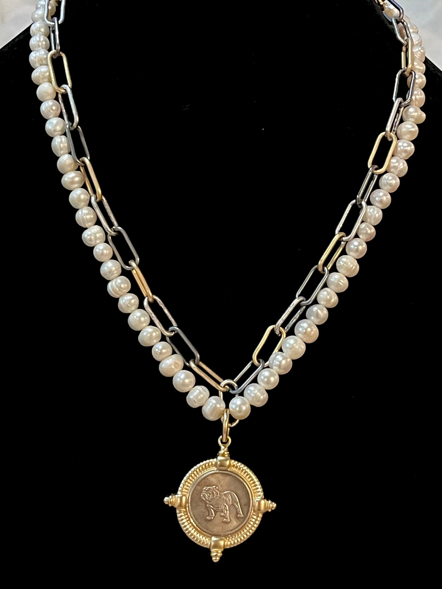 The Ugga Necklace: Pearl & Tri-tone chain (Gold Silver Gunmetal) with a beautiful gold and pewter Bulldog pendant, accented with hand-knotted authentic freshwater Pearls Lobster clasp