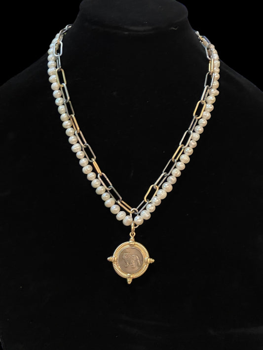 The Ugga Necklace: Pearl & Tri-tone chain (Gold Silver Gunmetal) with a beautiful gold and pewter Bulldog pendant, accented with hand-knotted authentic freshwater Pearls Lobster clasp