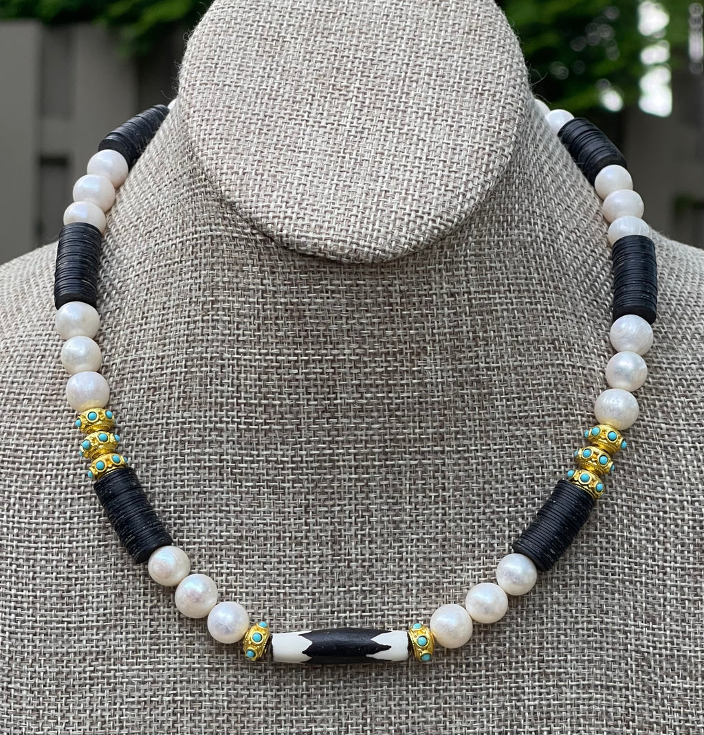 Tribal Throne Necklace: Creamy Freshwater Pearls African beads & gold accents OOAK