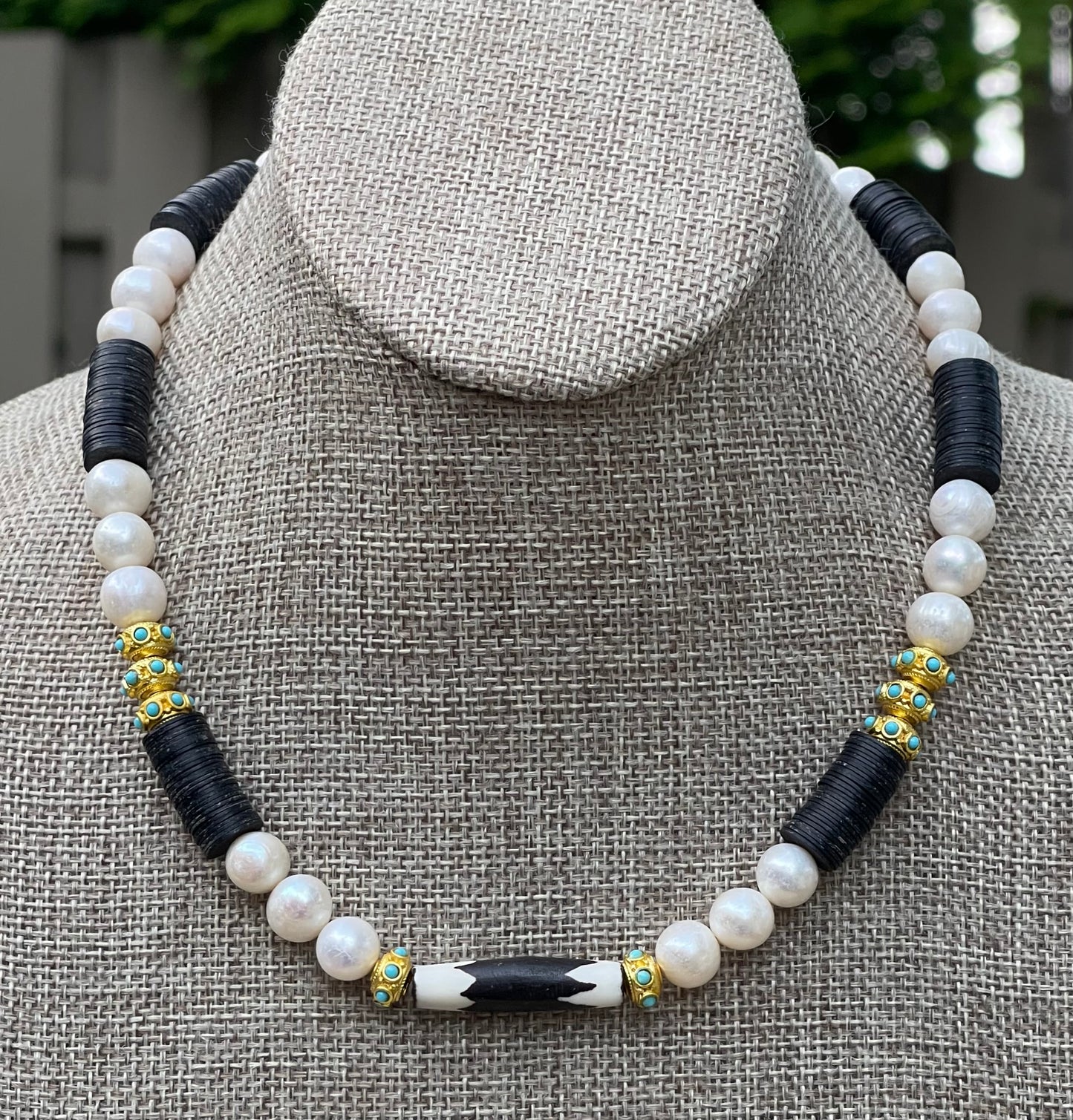 Tribal Throne Necklace: Creamy Freshwater Pearls African beads & gold accents OOAK