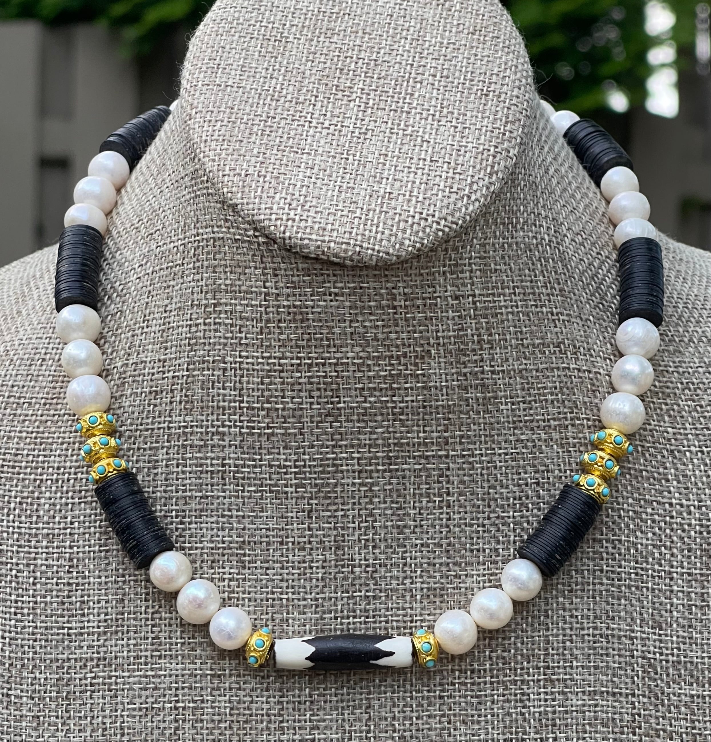 Tribal Throne Necklace: Creamy Freshwater Pearls African beads & gold accents OOAK