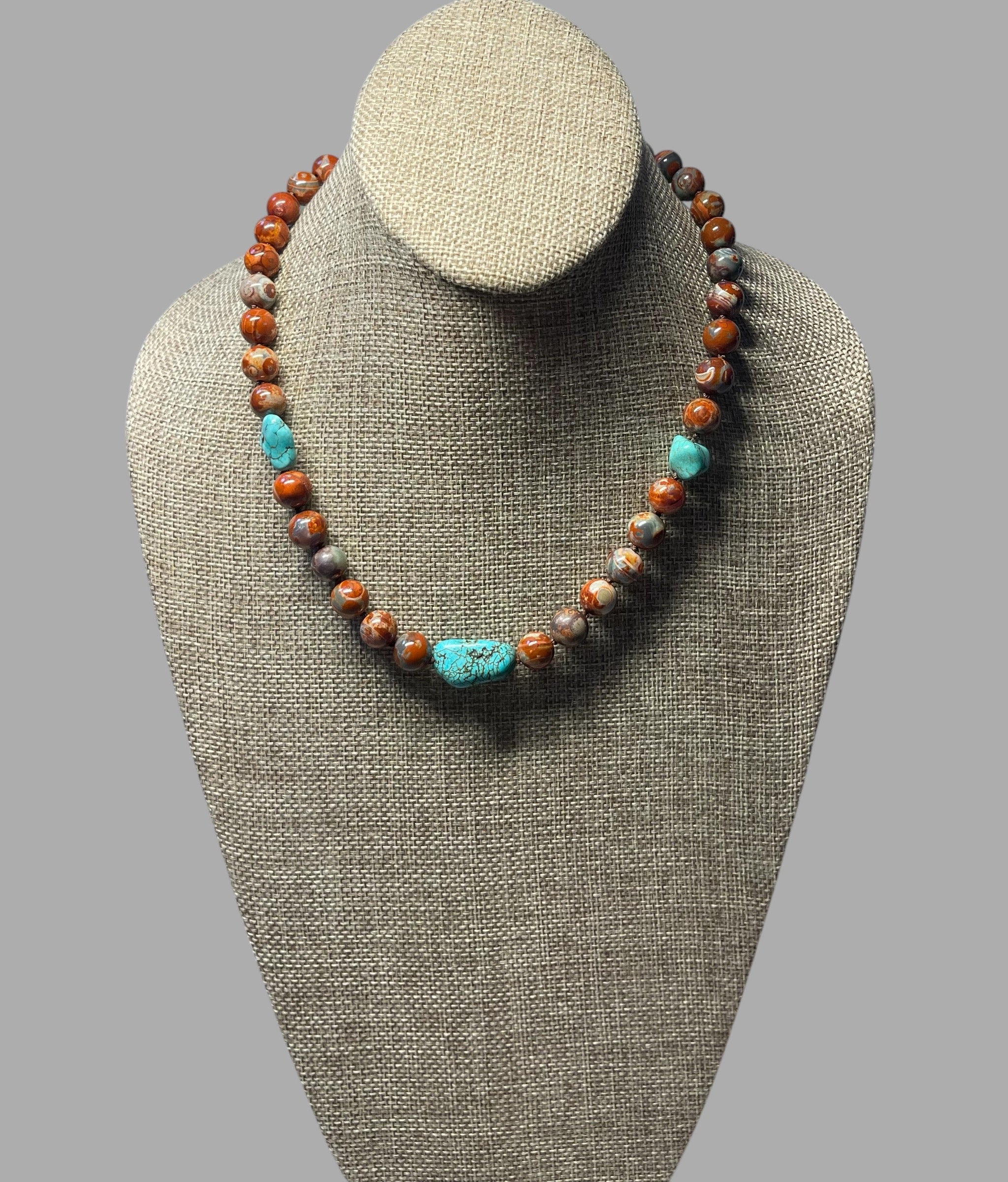 Red Copper & Turquoise Necklace: Hand knotted on brown silk, Natural Agate beads and rustic Turquoise, Gold Toggle clasp OOAK