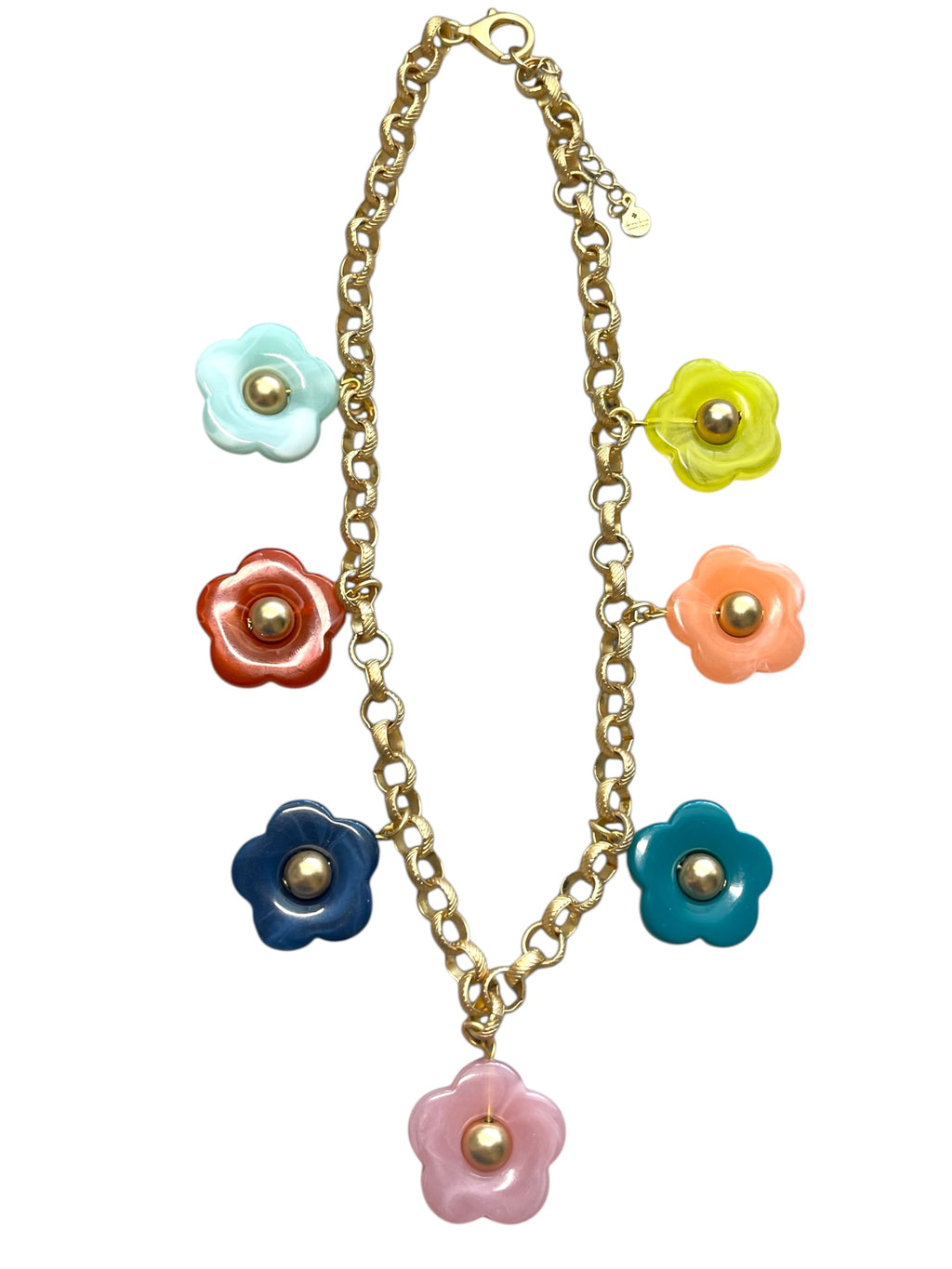 Bloom Necklace: Acrylic flowers with brushed gold centers on a brushed gold Rolo chain