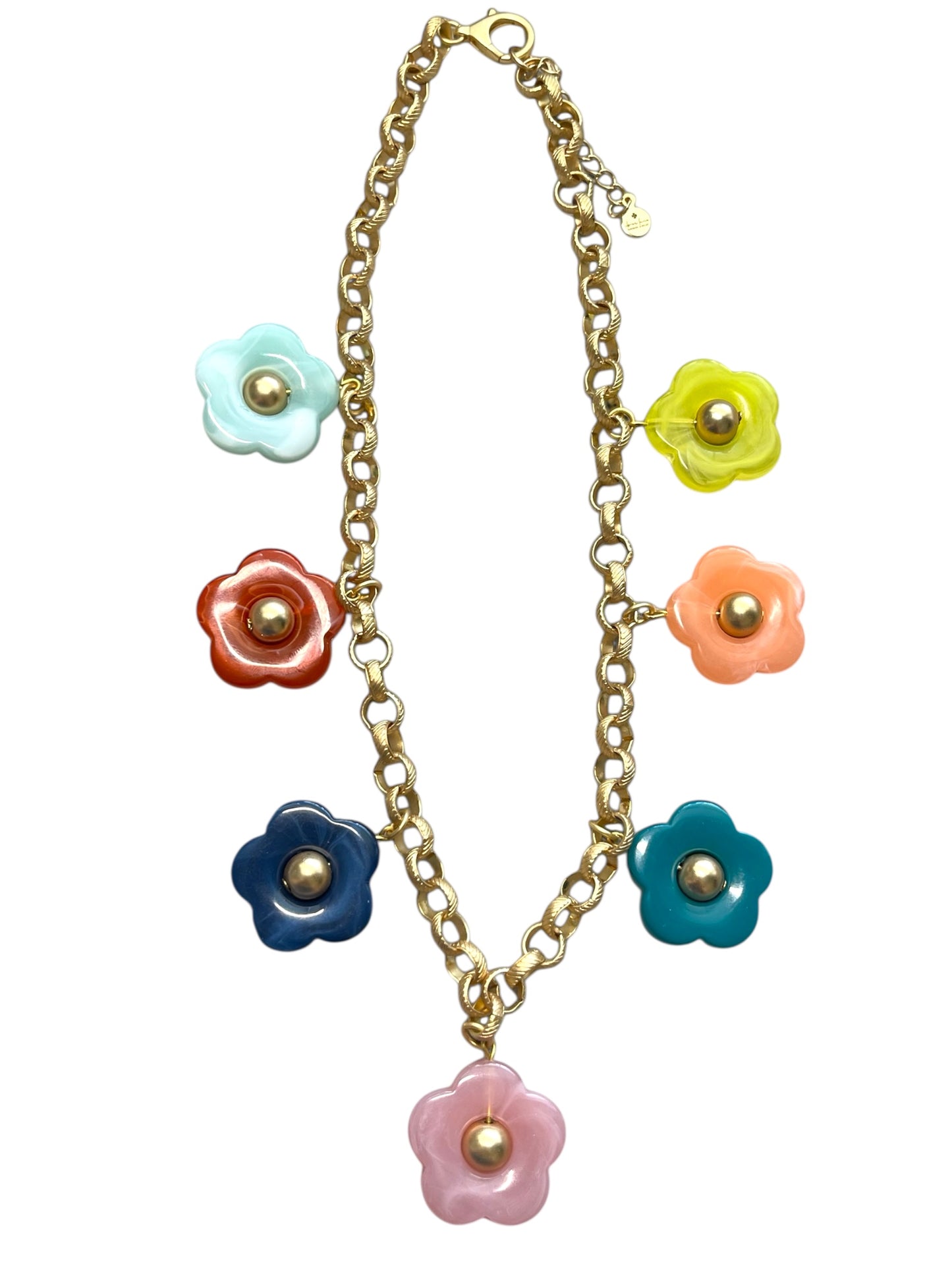Bloom Necklace: Acrylic flowers with brushed gold centers on a brushed gold Rolo chain