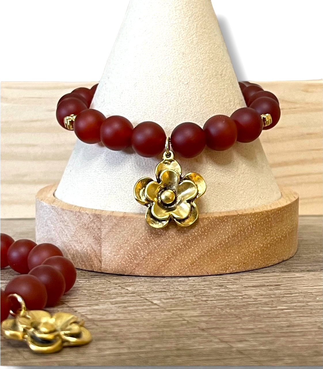 Matte Carnelian Stretch Bracelet Set: 2 bracelets with antiqued gold accents