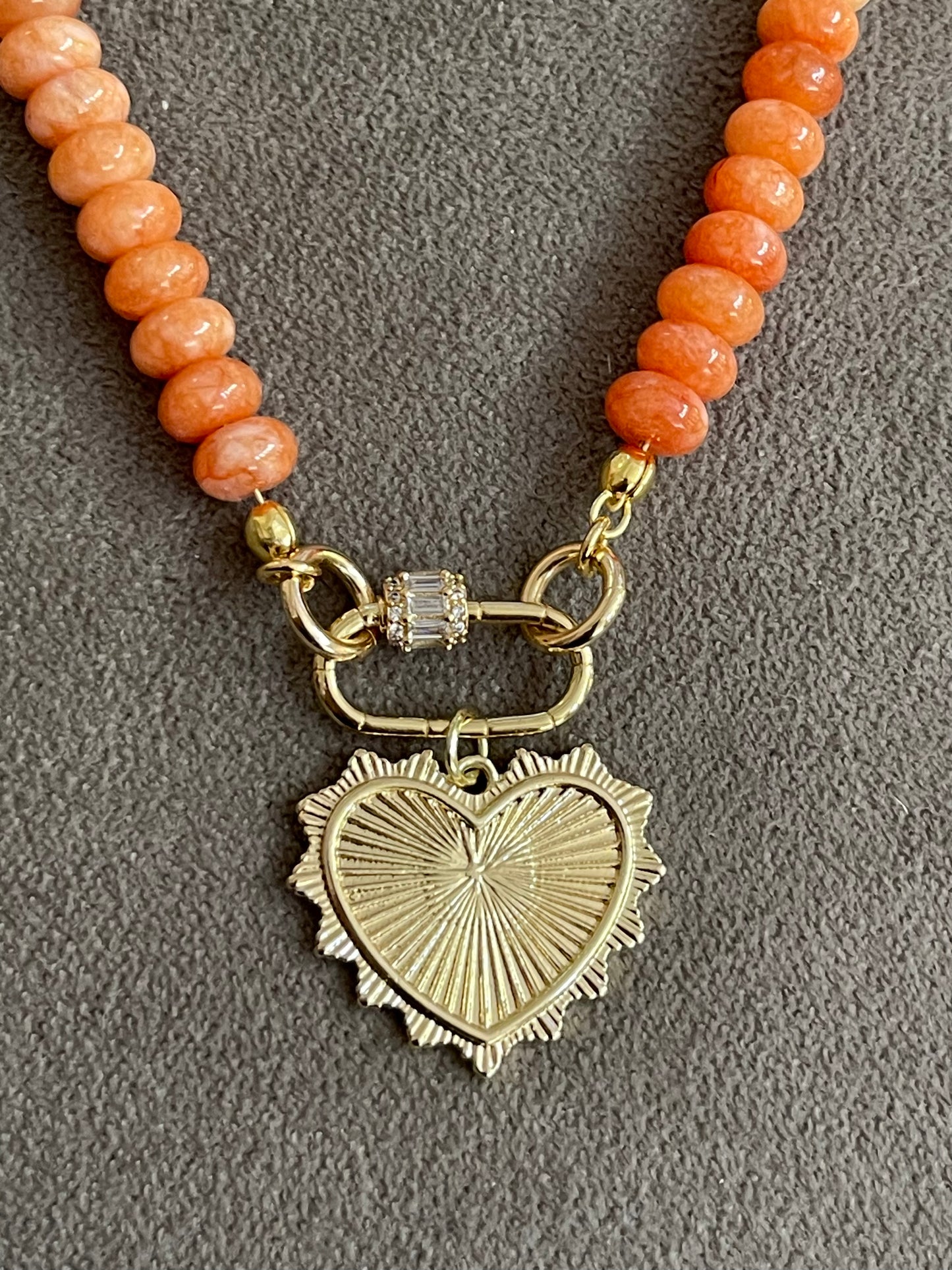 Orange Jade Necklace: Fall Orange Jade Rondelle shaped Beads w a Gold Plated Cubic Zirconia encrusted Clasp and Heart Charm