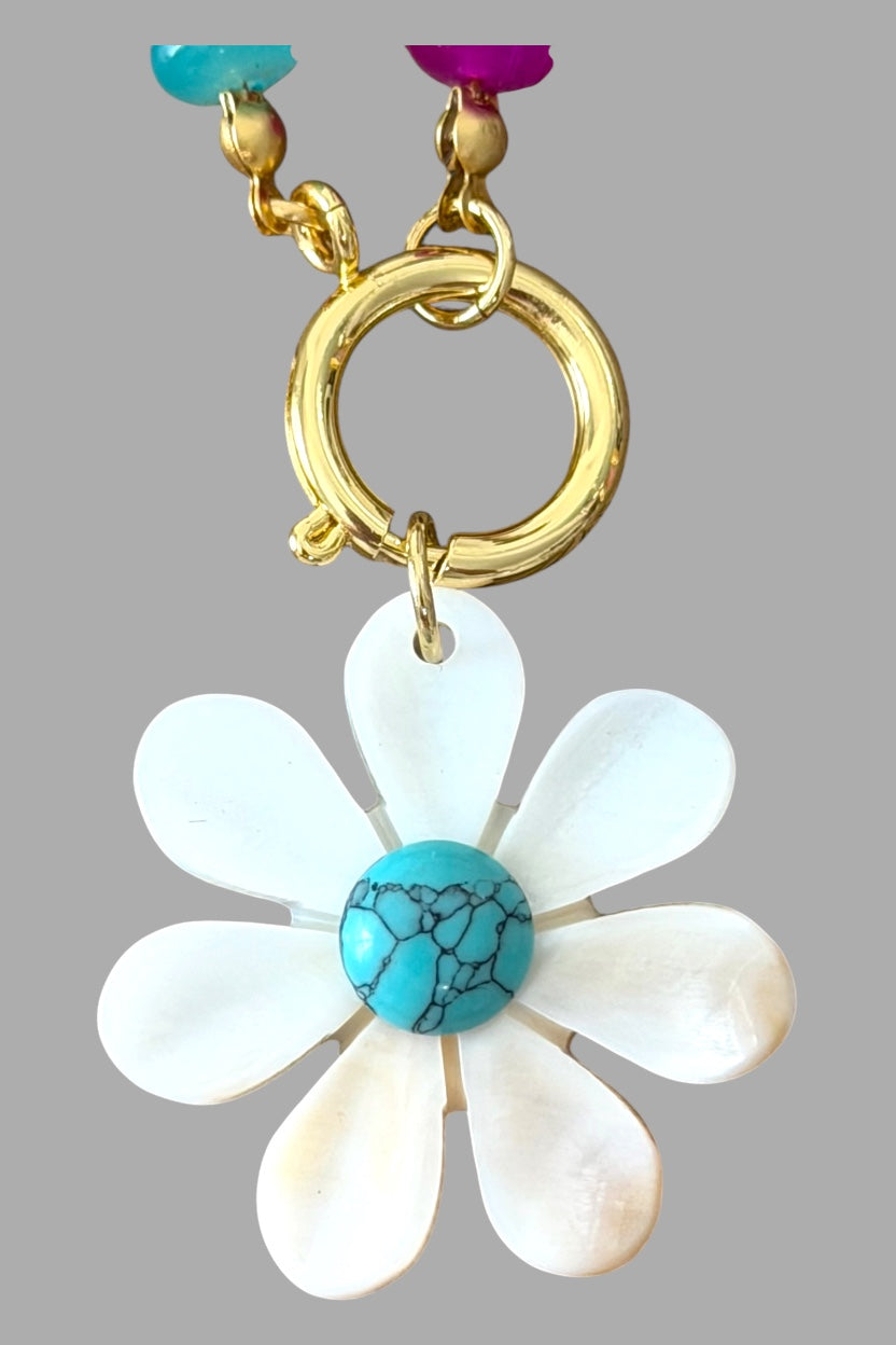 Happy Bloom Necklace: Mixed Gemstones & Glass beads Mother of Pearl Pendant
