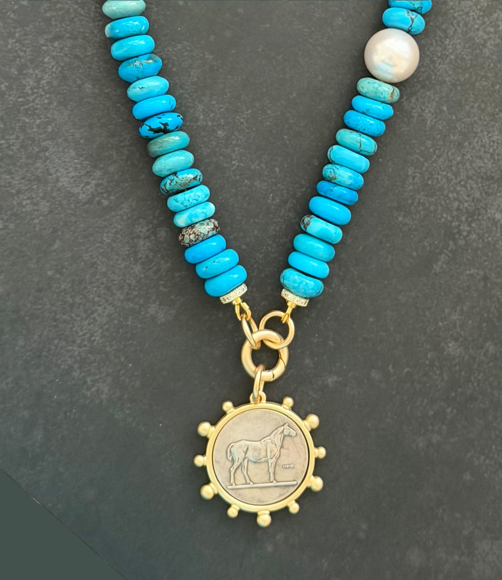 The Saddle & Stone Necklace: Turquoise, Baroque Pearl and Matte Gold OOAK