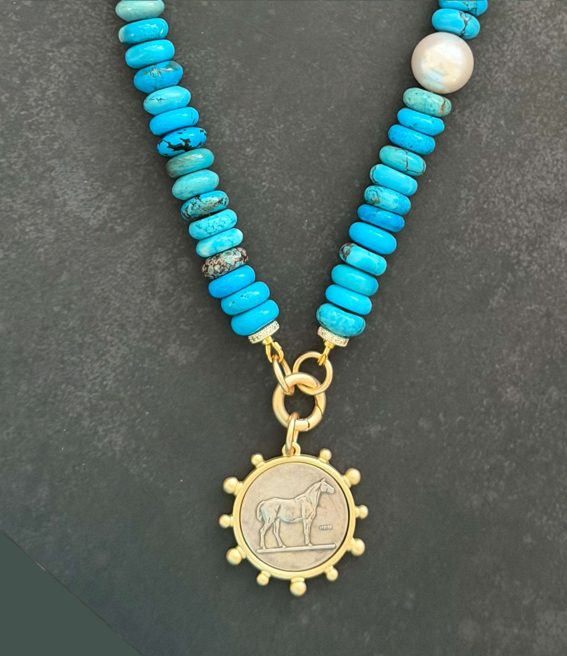 The Saddle & Stone Necklace: Turquoise, Baroque Pearl and Matte Gold OOAK