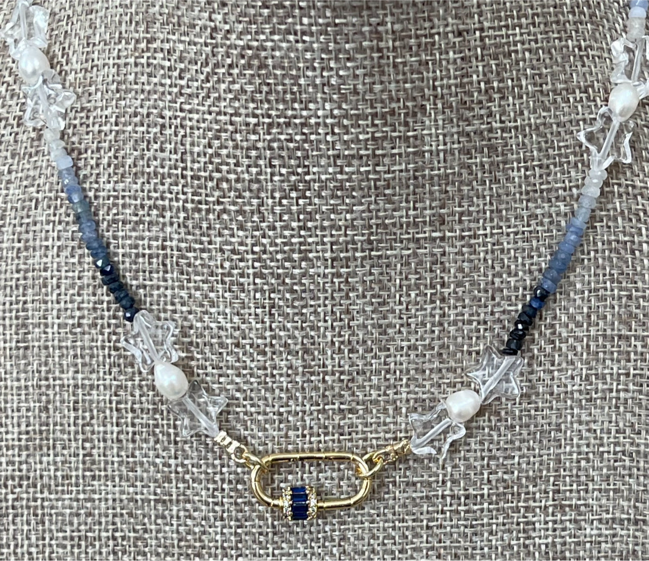 Starry Sky Necklace: Faceted Sapphire Gemstone beads in ombré pattern, Clear Quartz Stars, Freshwater Pearls, Gold clasp w blue CZ OOAK