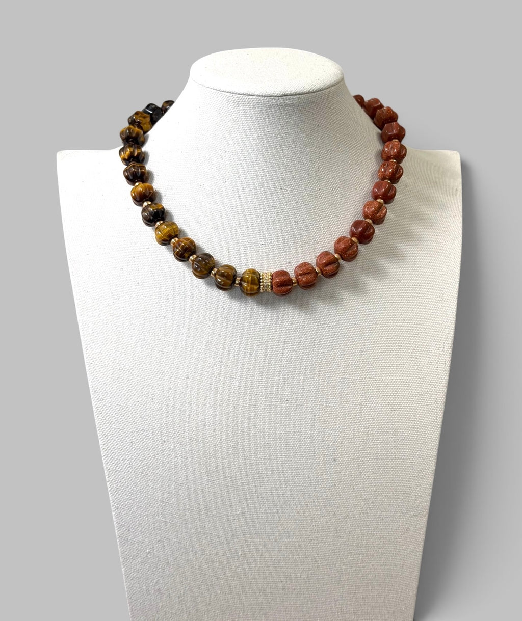 Autumn Afterglow: Carved Tiger Eye and Goldstone with gold and pavé accents OOAK