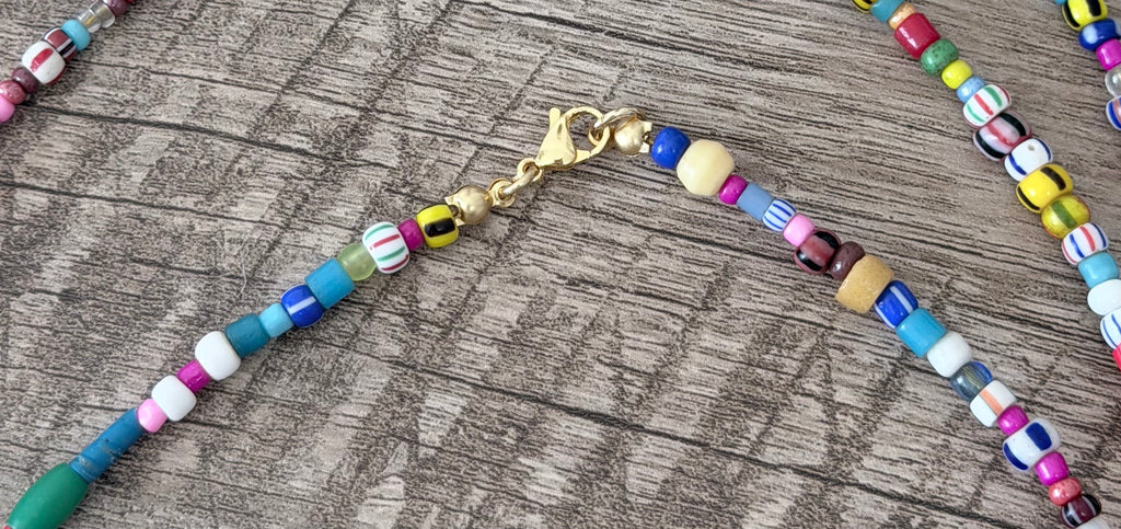 Serendipity Necklace: Mixed glass & Ceramic beads Gold clasp