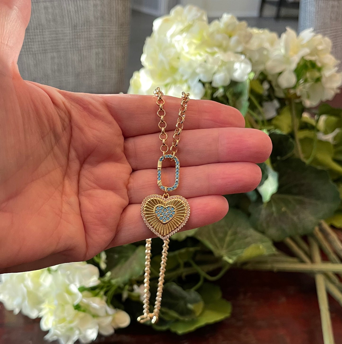 Touch of Turquoise Necklace: Gold Plated Rolo Chain with a GP Turquoise Center Heart Charm