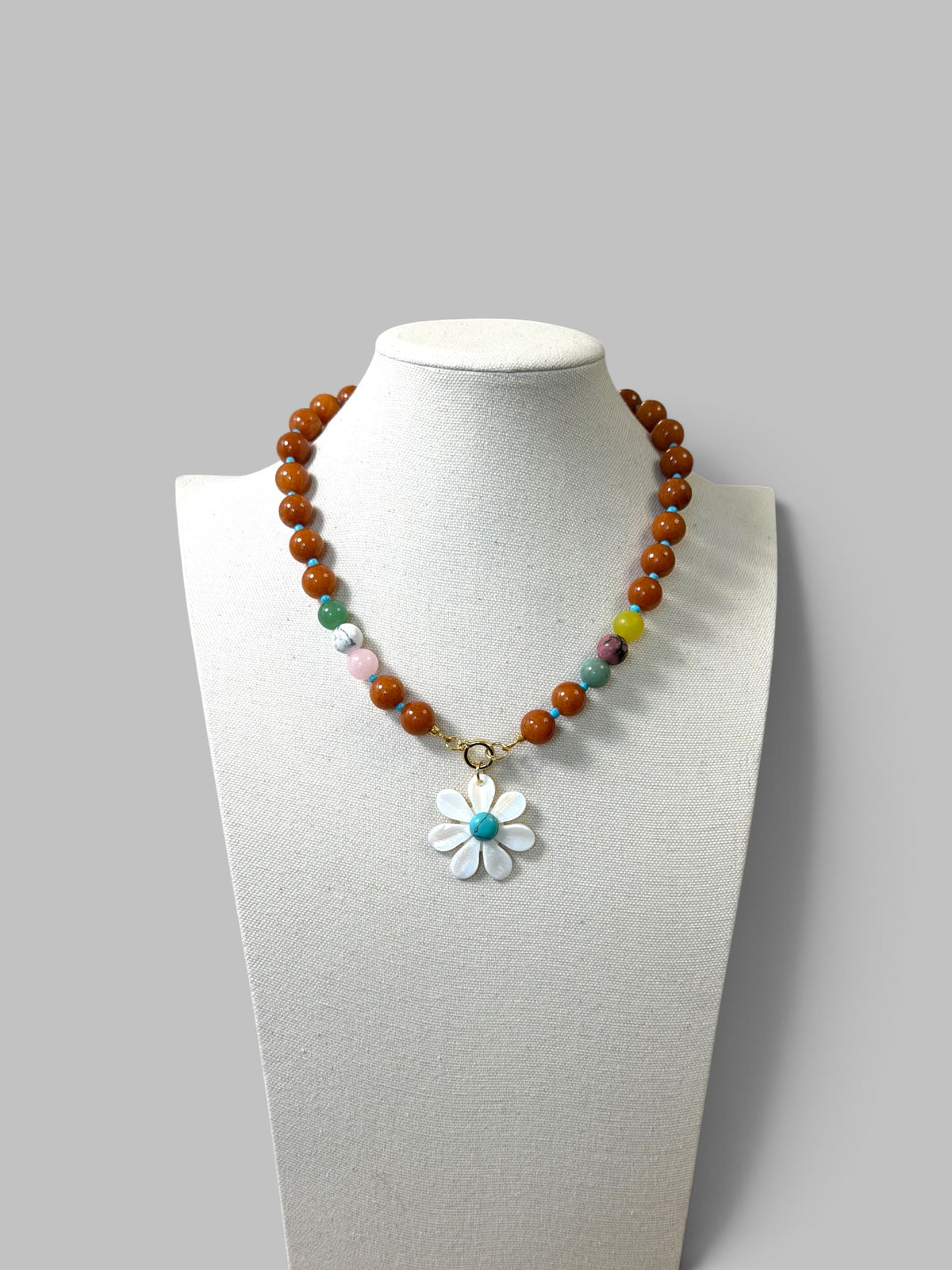 Autumn Wildflower: Deep orange Calcite beads Gemstone accent beads Mother of Pearl flower