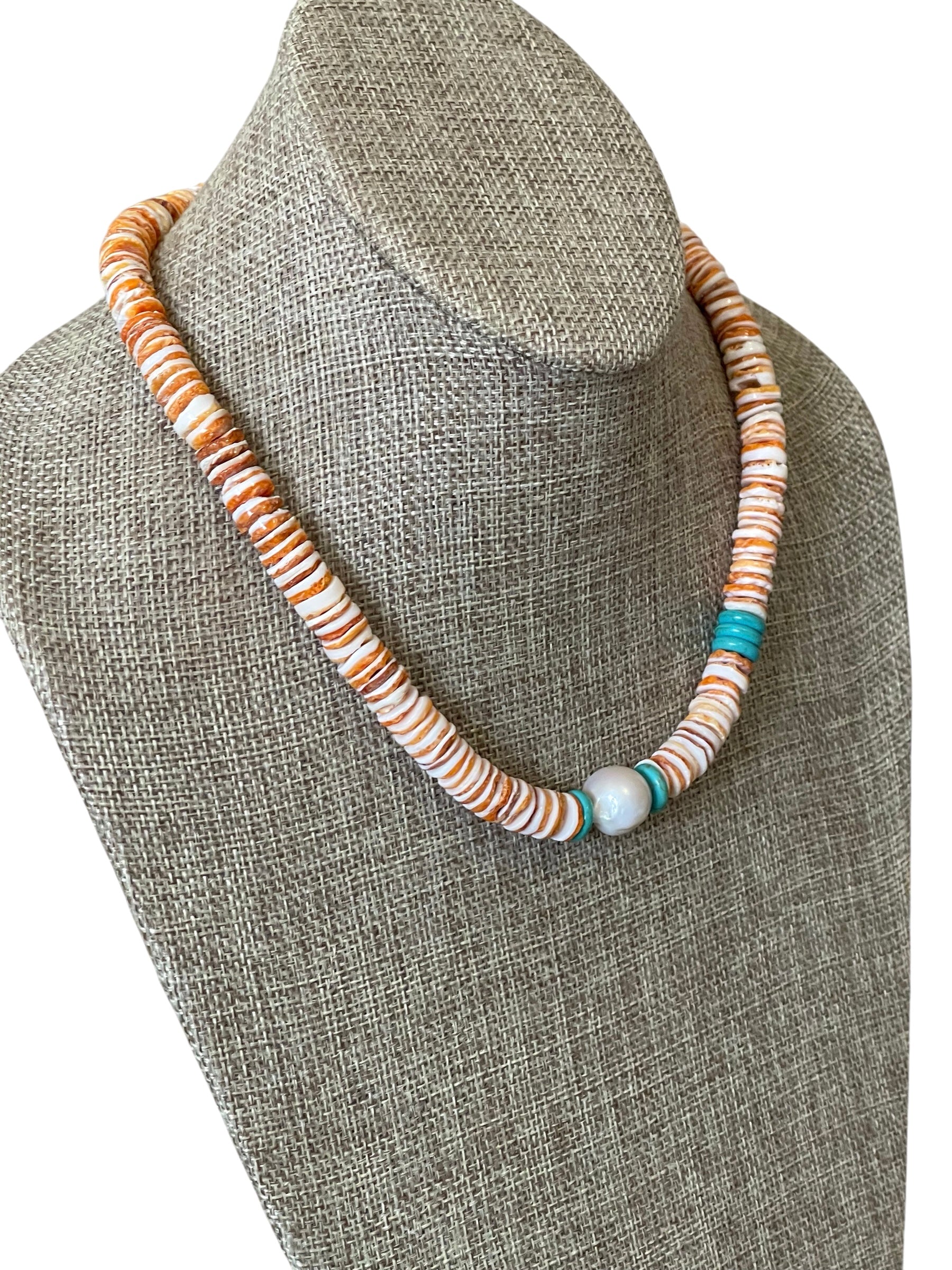 Baja Surf Necklace: Spiny Oyster Shell w Tuquoise (Howlite) and a Baroque Pearl Gold or Silver Clasp