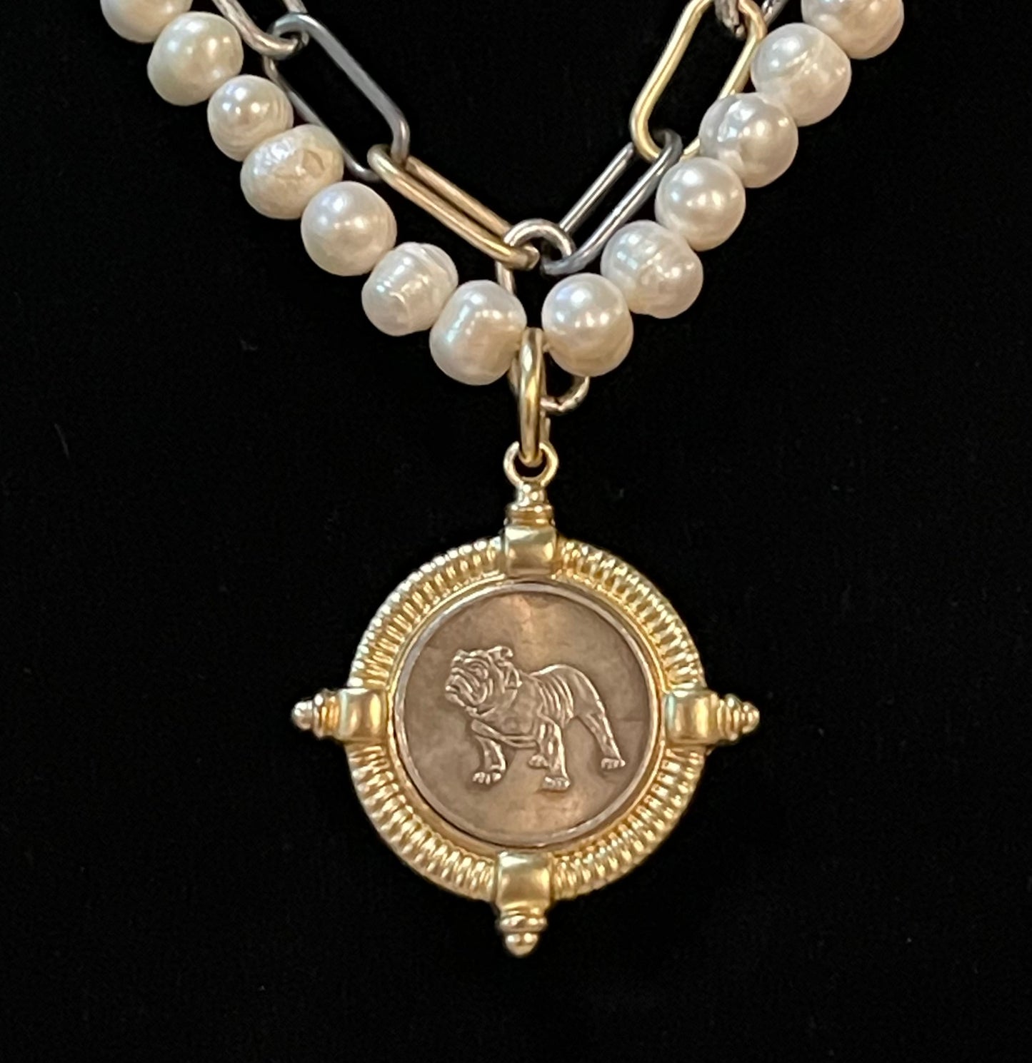 The Ugga Necklace: Pearl & Tri-tone chain (Gold Silver Gunmetal) with a beautiful gold and pewter Bulldog pendant, accented with hand-knotted authentic freshwater Pearls Lobster clasp