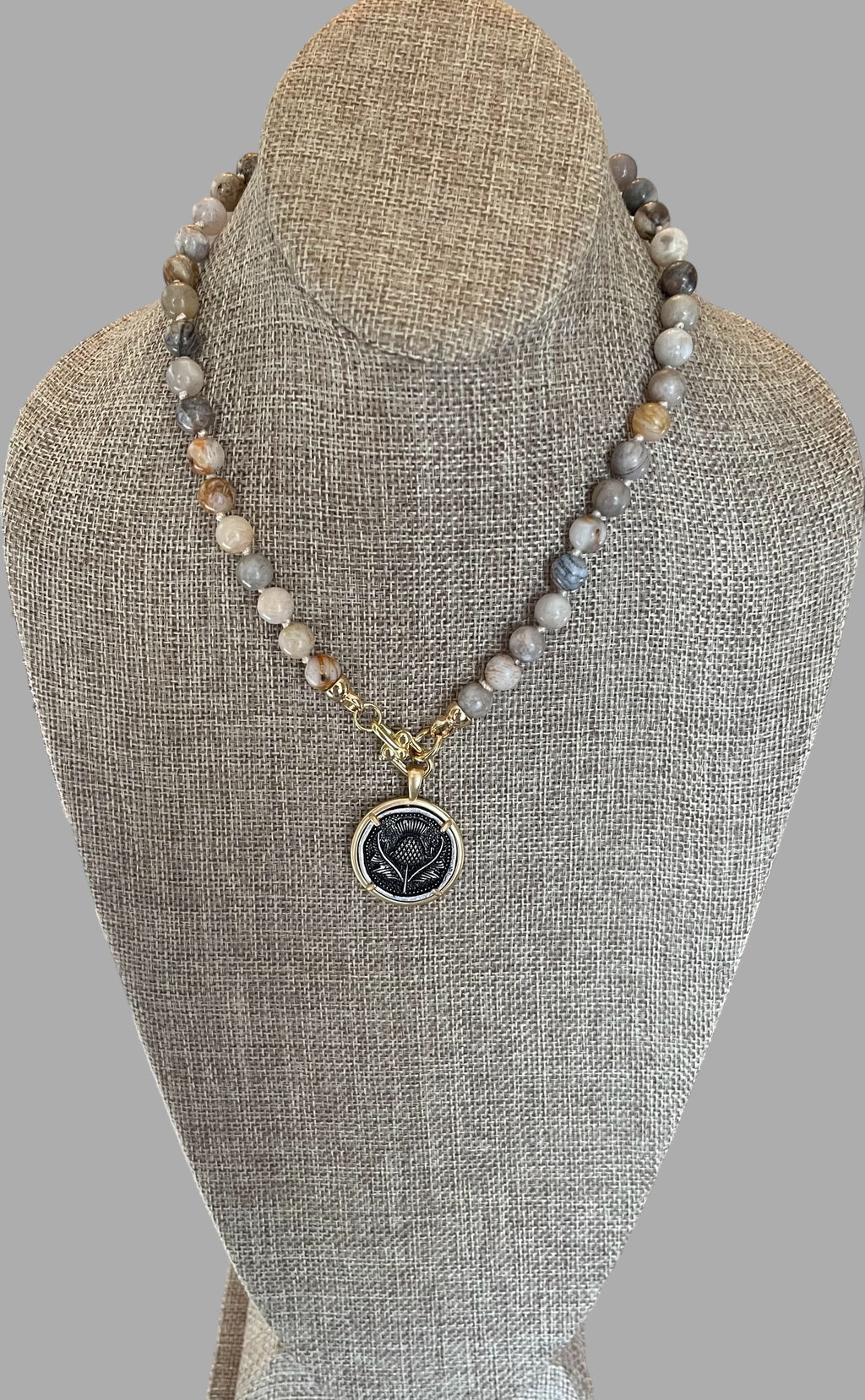 Gold Thistle Necklace: Hand-knitted Bamboo Agate Beads w Gold Filled Trigger Clasps and Thistle Coin Pendant