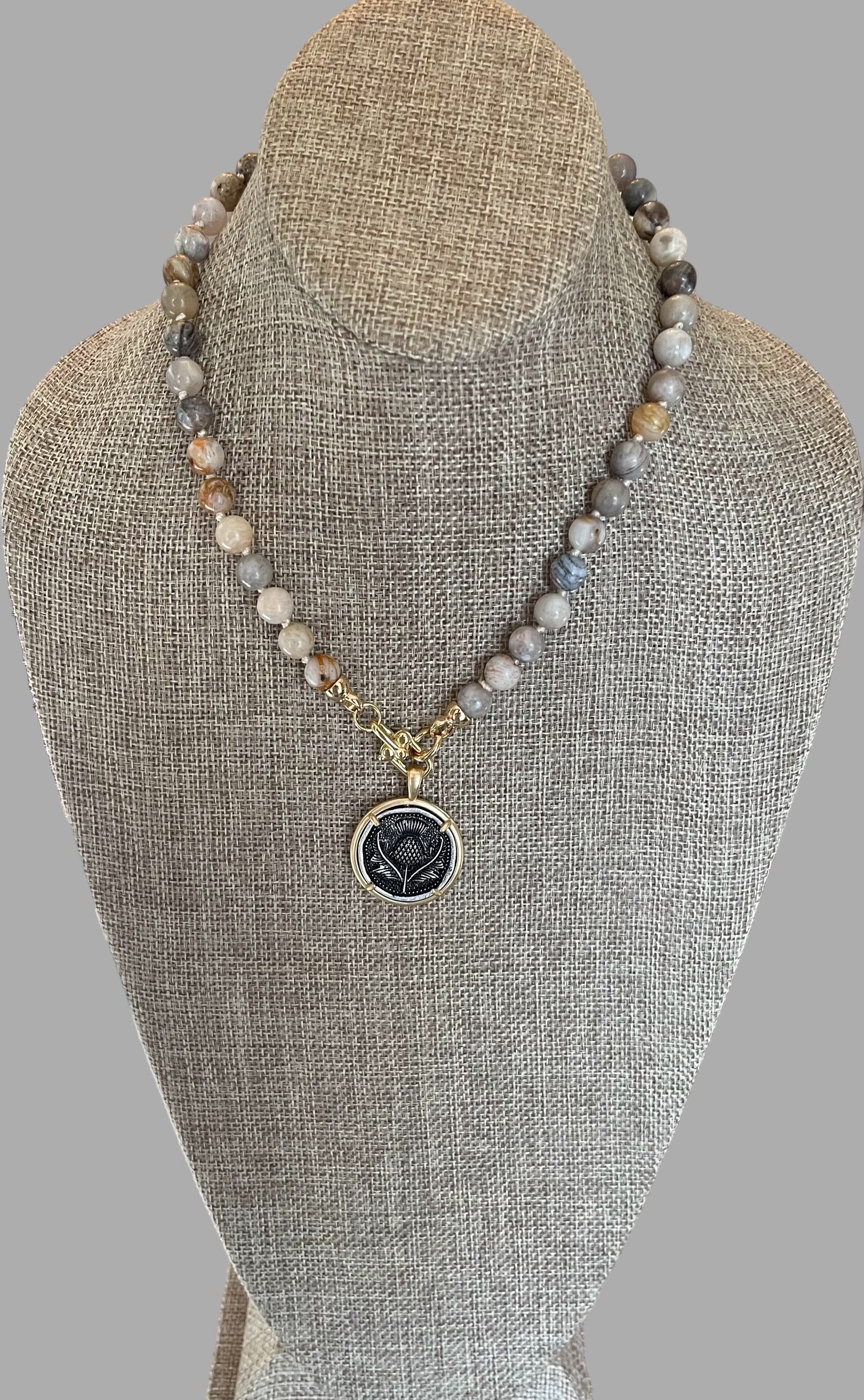 Gold Thistle Necklace: Hand-knitted Bamboo Agate Beads w Gold Filled Trigger Clasps and Thistle Coin Pendant