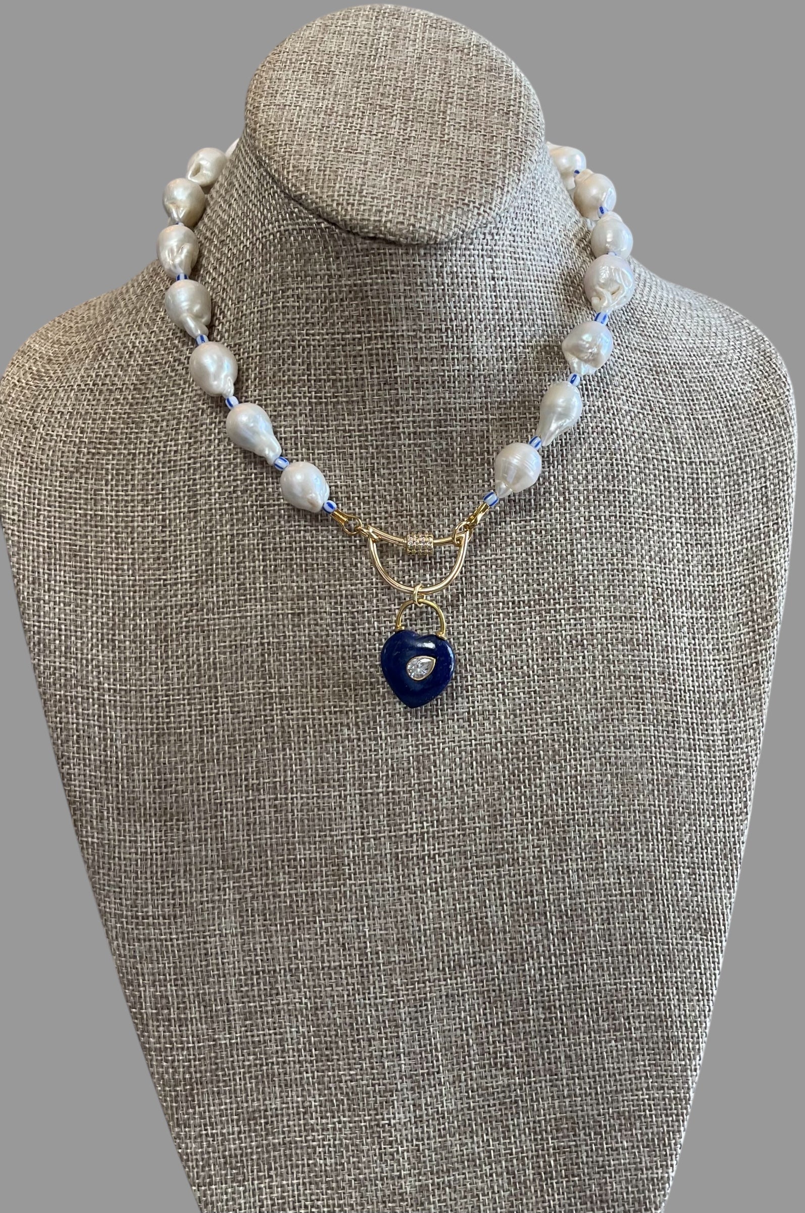 The Gabrielle Necklace: High Quality Baroque Pearls, Blue accent beads and a Lapis Lazuli Heart Pendant OOAK